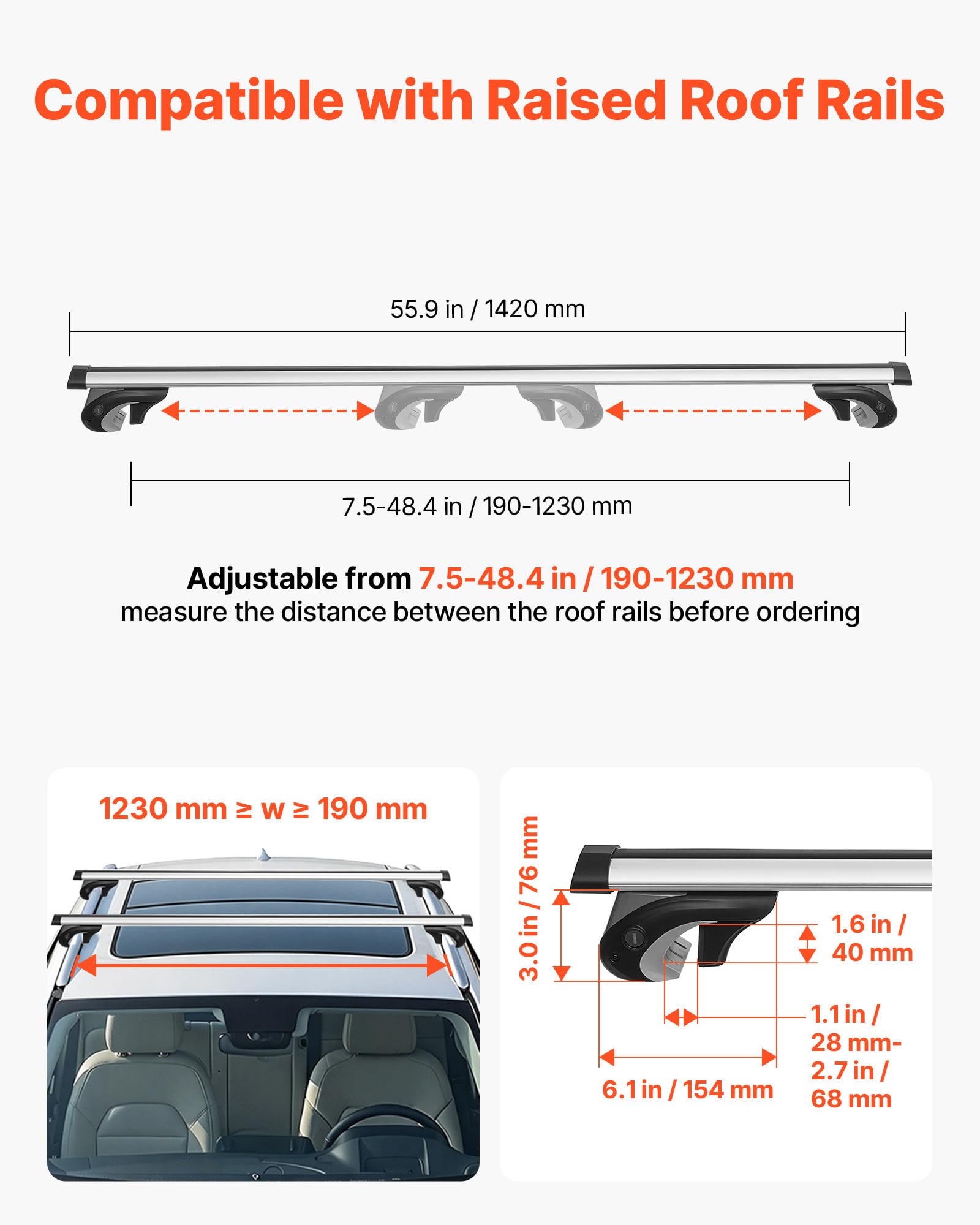 VEVOR Bagażnik dachowy do samochodu SUV, bagażnik dachowy, maksymalne obciążenie 90 kg długości 1420 mm, 2 sztuki do uniwersalnych aluminiowych bagażników, rowerów, podróży, kempingu, wędkowania