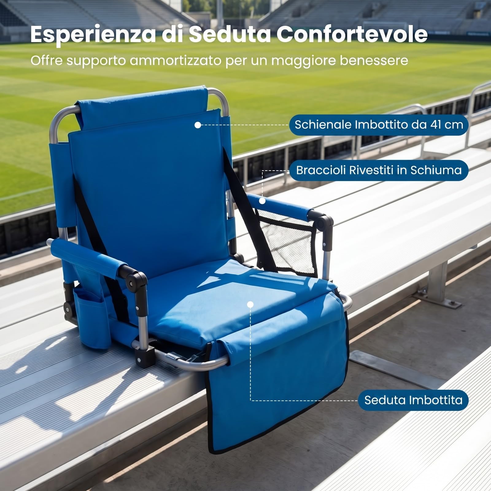 COSTWAY Sedia da Stadio Pieghevole, Sedile per Gradinata in Tessuto Oxford con Schienale, Braccioli, Cuscino Imbottito, Portabicchieri e Tasche, Sedia Portatile con Manico