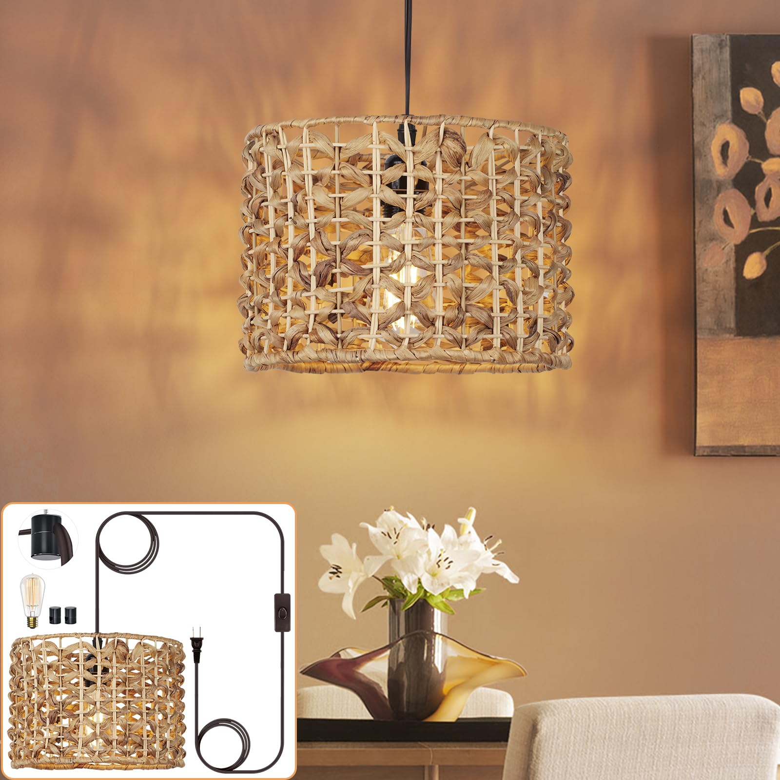 Rinweey Boho Plug in Pendant Hanging Light,Vintage Farmhouse Hanging Lamp Ceiling Light,Hand Woven Rattan Lampshade with 15FT Cord and ON/Off Switch for Bedroom Kitchen Island Living Room,Medium