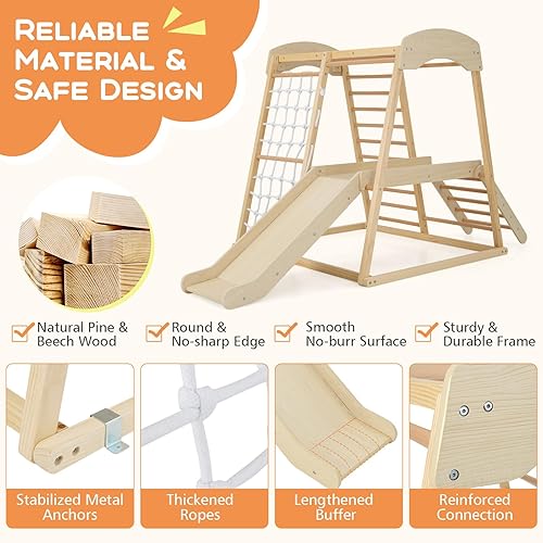Miniatura 4 de HONEY JOY Gimnasio de la selva interior para niños, escalador grande 6 en 1 con rampa deslizante, barras de mono, red de escalada, escalera,