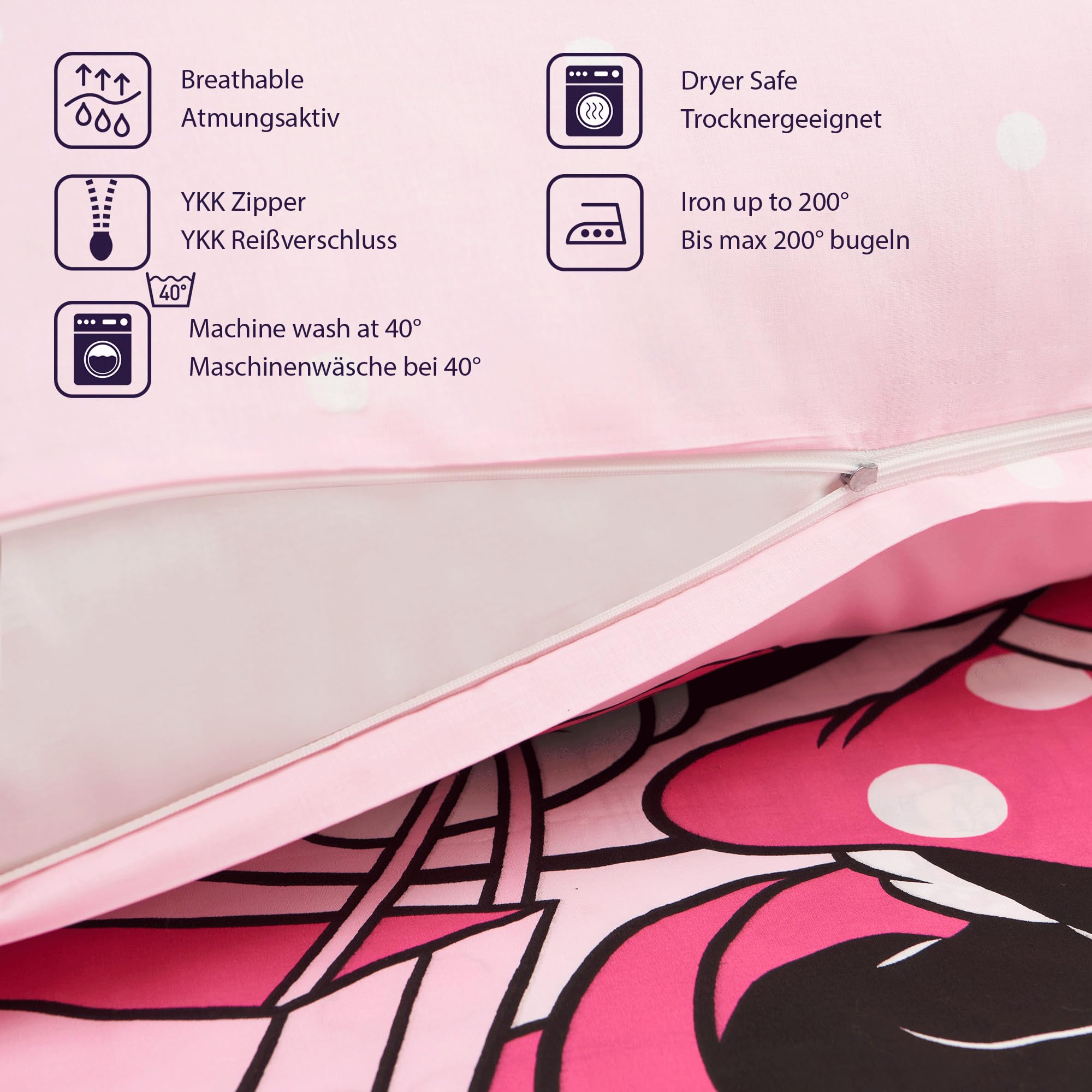 Minnie Mouse Bettwäsche Shopping 135 x 200 cm + 80 x 80 cm 100% Baumwolle in Renforcé-Linon-Qualität mit YKK-Reißverschluss Minnie Maus Disney Mickey Daisy Donald Goofy Sweet Love Deutsche Größe