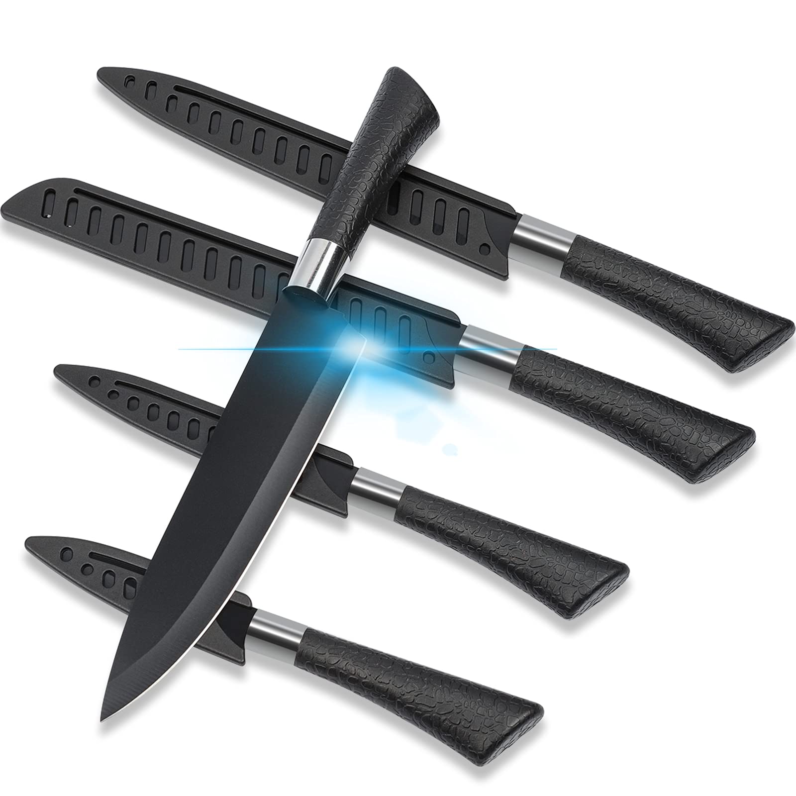 Kitchen Knife Set with Sheaths- Professional Chef Knives Set for Multipurpose Cooking, Ultra Sharp Stainless Steel Black Kitchen Knives Set with PP Handle, Dishwasher Safe, 5 Pieces Set Boxed Knife