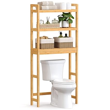 SONGMICS Over The Toilet Storage, 3-Tier Over Toilet Bathroom Organizer with Adjustable Shelf, Fit Most Toilets, Space-Saving, Easy Assembly, Natural UBTS001N01