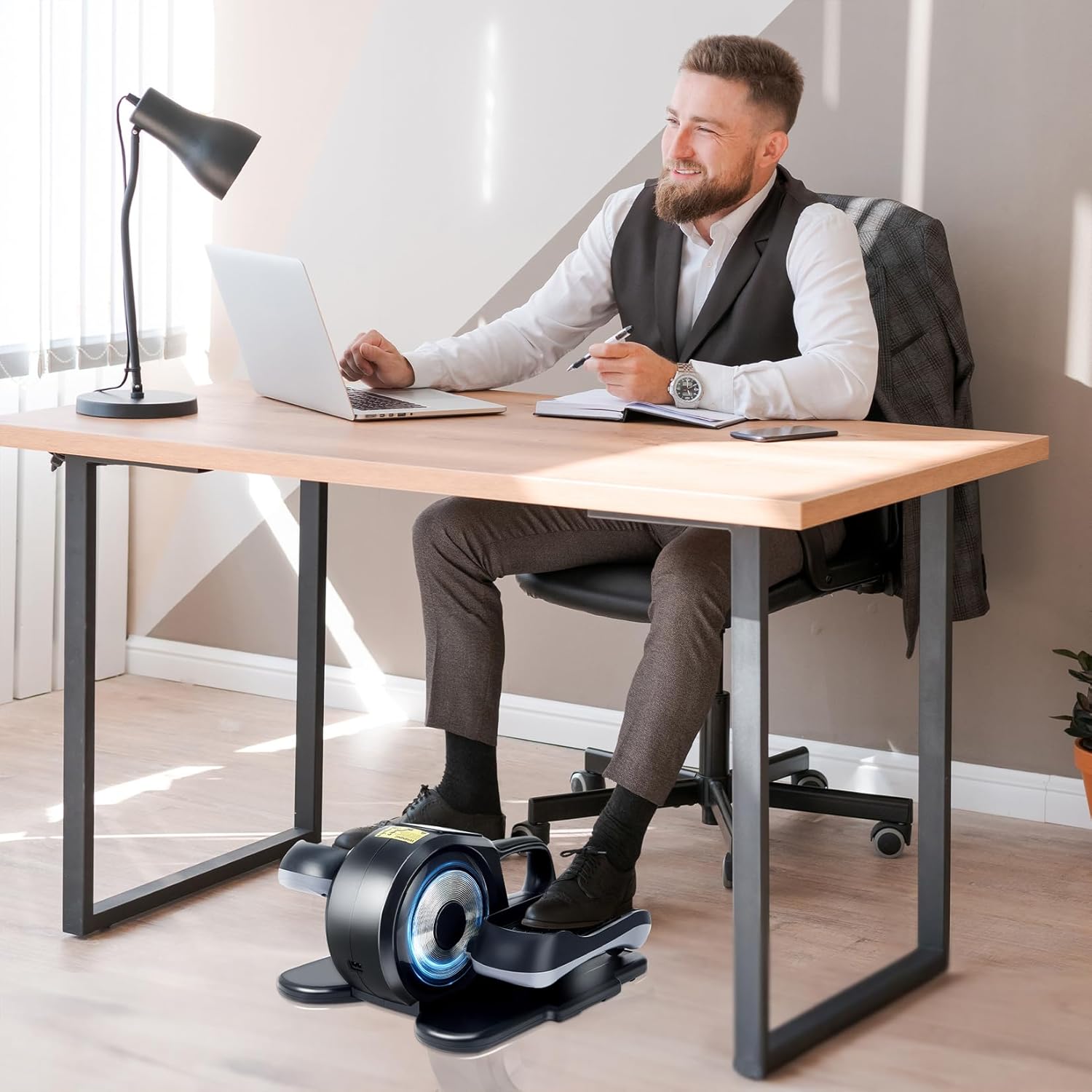 Under Desk Elliptical Machine Seated Machine Leg Exerciser While Sitting with Massage Pedal/LCD Monitor/Remote Control Elliptical Trainer for Seniors Adults