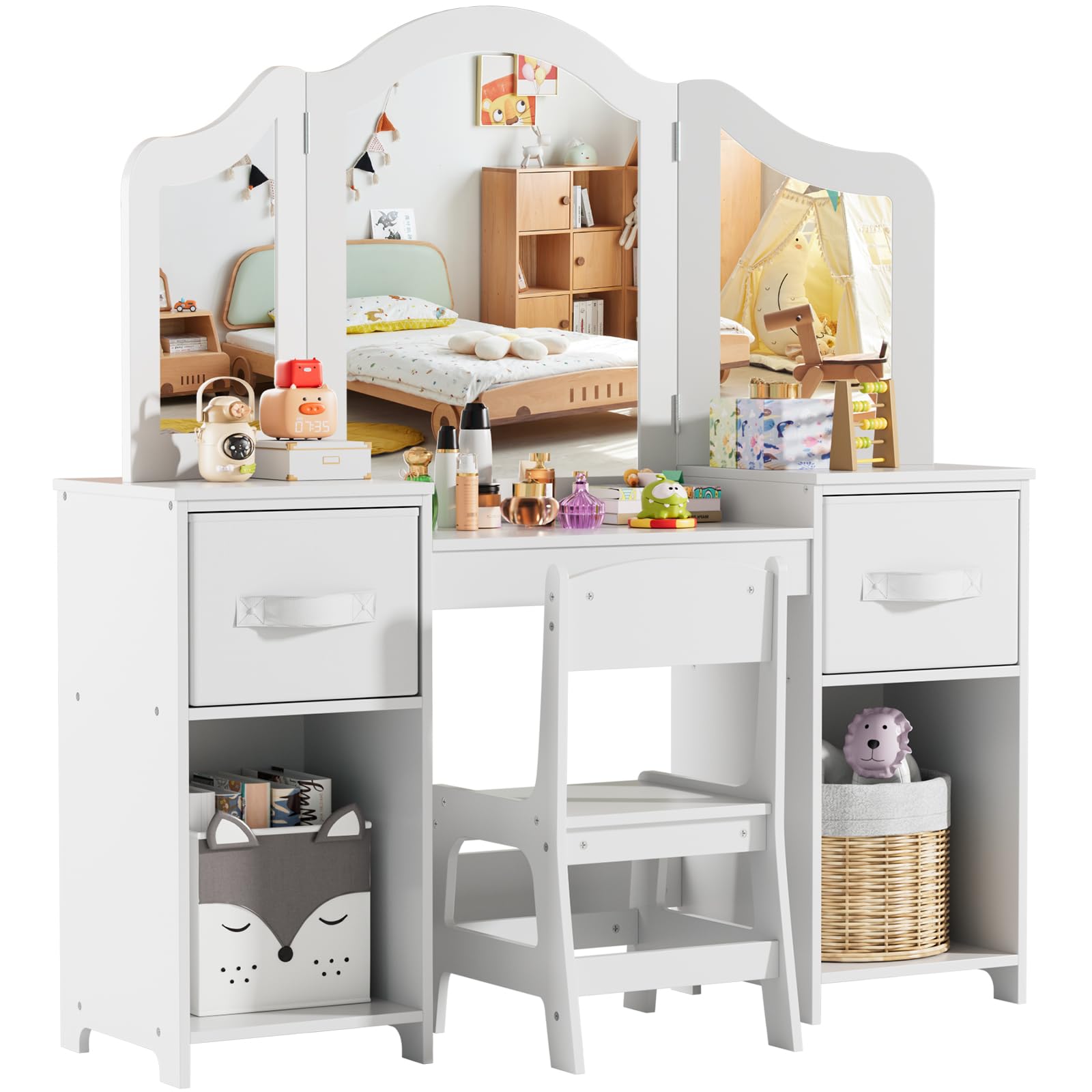 MAMIZO Tocador Infantil 2 en 1 con Espejo Extraíble, Tocador Madera Niña, Escritorio para Niños con Taburete, 2PCS Cajón de Tela, Tocadores Maquillaje Infantil 108x30x114 cm, Blanco