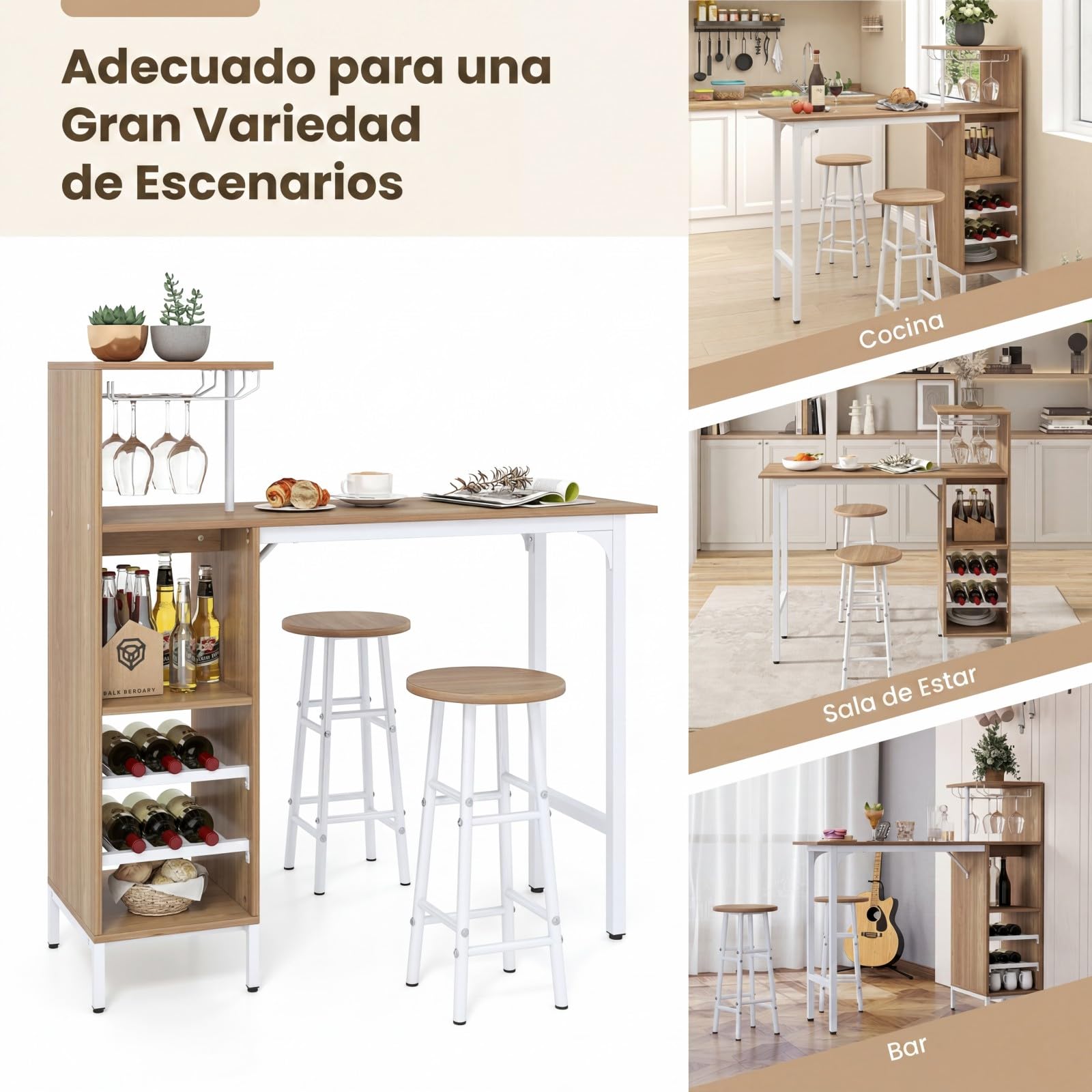 COSTWAY Juego de 3 Piezas Mesa y Sillas de Bar, Mesa y Taburetes Industriales con Soportes para Copas de Vino y Estantes para 6 Botellas de Vino, Juego de Mesa para Comedor Cocina (Natural)