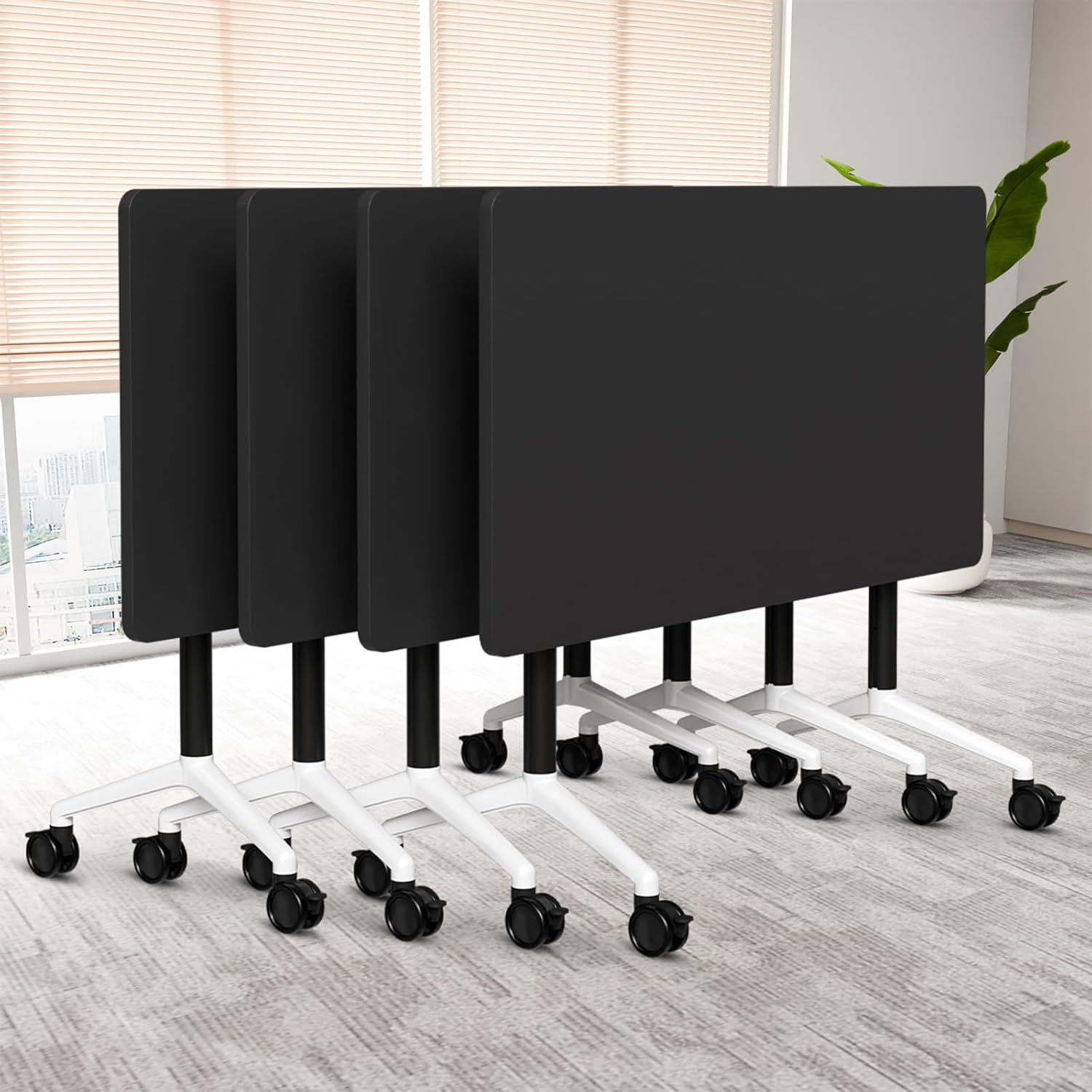 Folding Conference Table, 6 Pack Foldable Rolling Conference Room Tables Meeting Seminar Table Modern Conference Training Table for Office Classroom(Black, 55IN, 4)