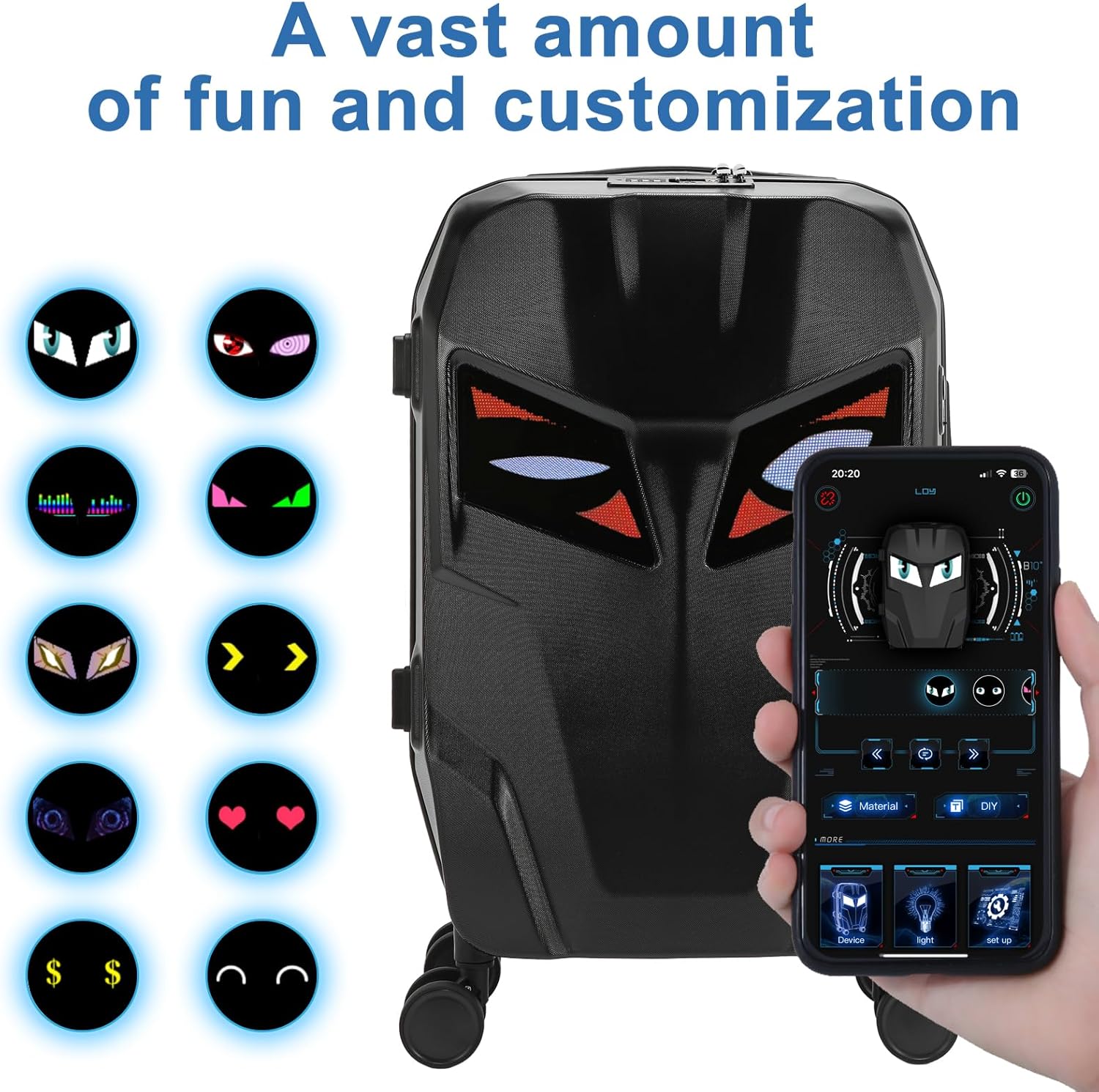 20 inch Smart LED light up Luggage, Airline Approved Hard Shell Suitcases with Wheels, Carry on Luggage Small Rolling Suitcase with Lock, APP-Controlled LED Display