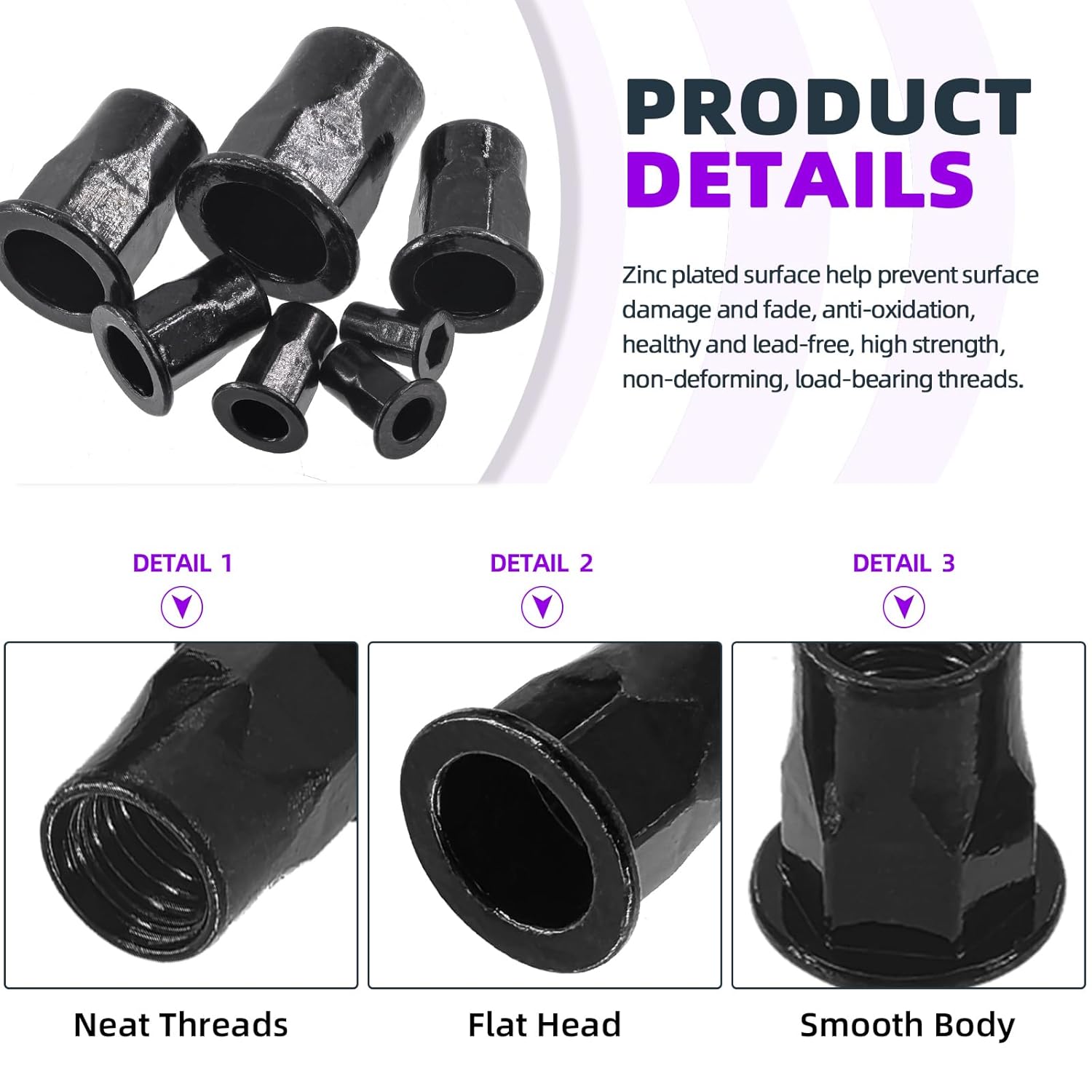 Swpeet 250Pcs 7 Sizes Black M3 M4 M5 M6 M8 M10 M12 Metric Thread Half Hexagonal Carbon Steel Zinc-Plated Rivet Nuts Assortment Kit, Flat Head Threaded Insert Nut Assort