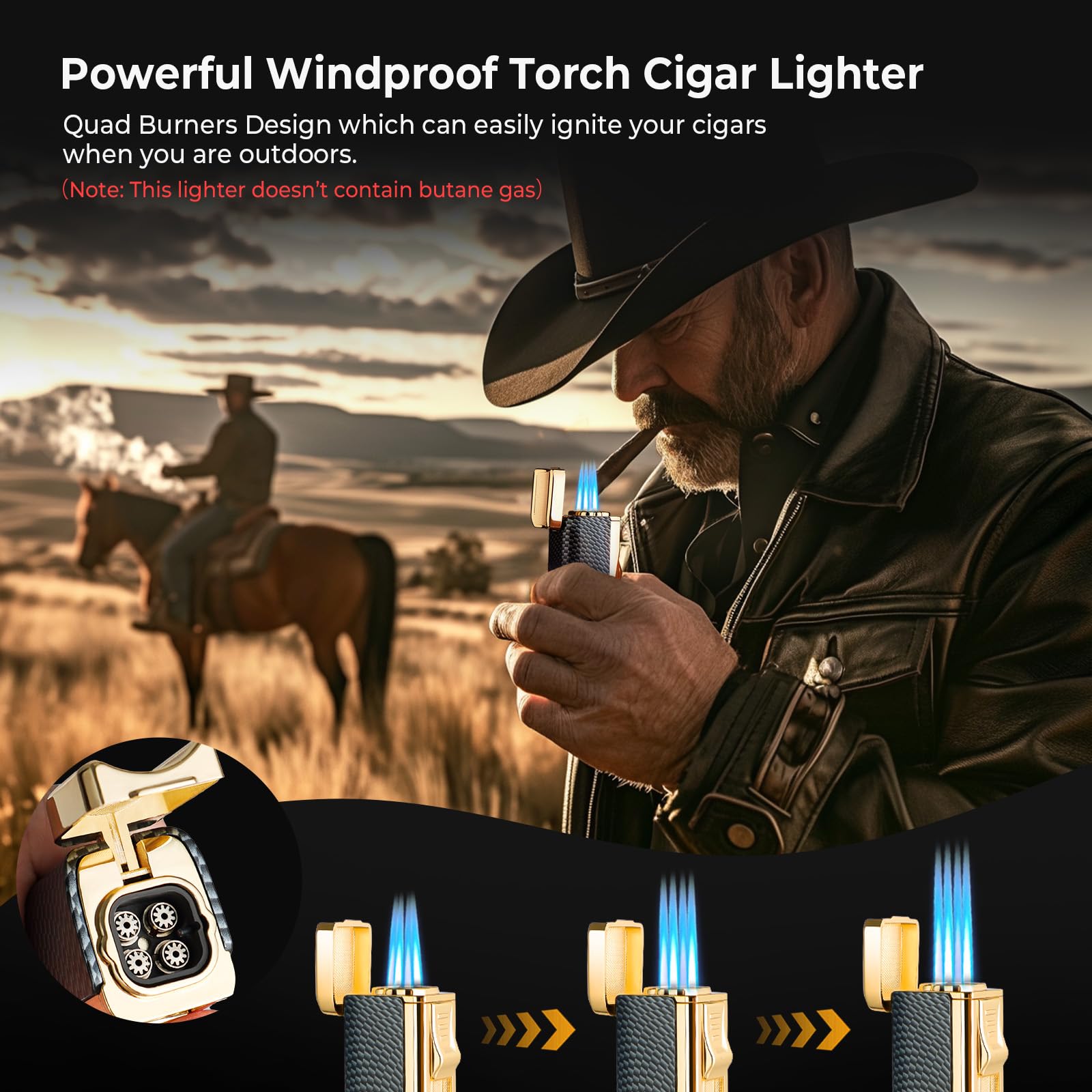 Torch Cigar Lighter and Cigar V Cutter Set, Built-in Cigar Punch, Cigar Holder, Quad Jet Flame Windproof Butane Lighter, Multi-Functional Cigar Accessories, Cigar Lighter Set with Gift Box for Men