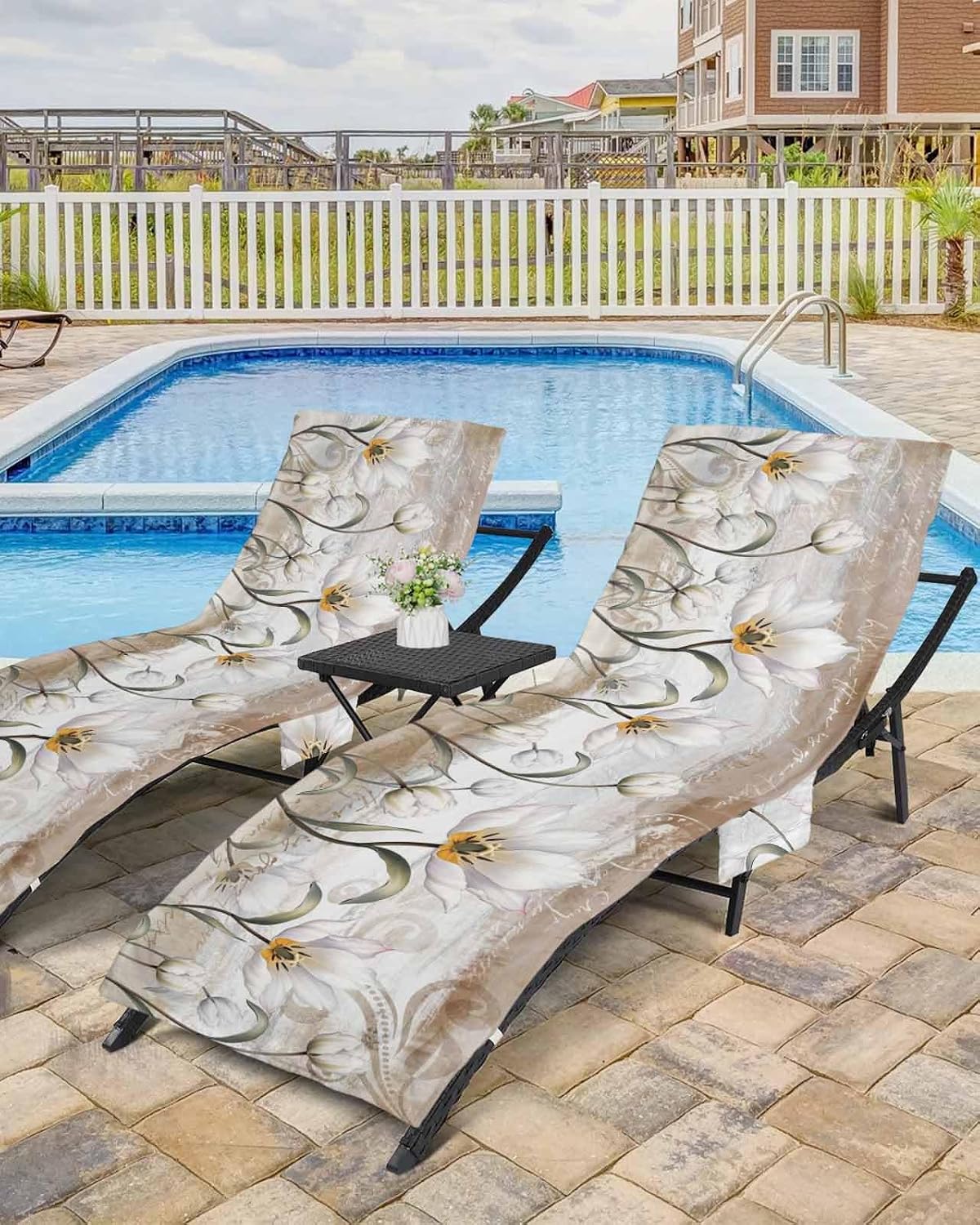 Elegant Teal Tulip Beach Pool Patio Lounge Chaise Chair Cover Towel With Pockets,Absorbent & Quick Dry Microfiber Towel Cover Bag Summer Accessories Brown White Spring Flower Floral Aesthetic Leaves