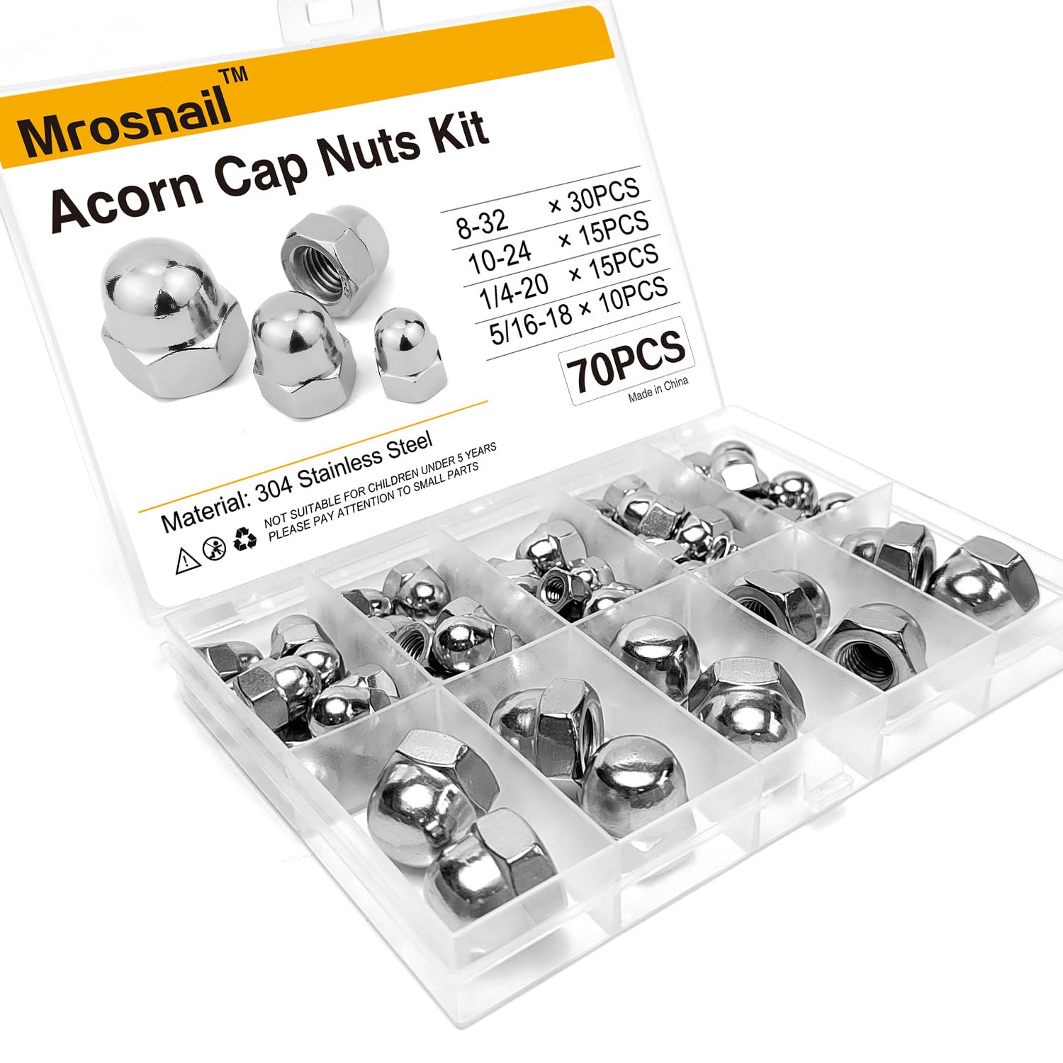 Acorn Nuts Kit - 70PCS, Size 8-32 10-24 1/4-20 5/16-18, 304 Stainless Steel, Metric Hex Cap Nut Assortment, Dome Head for Indoor & Outdoor Use