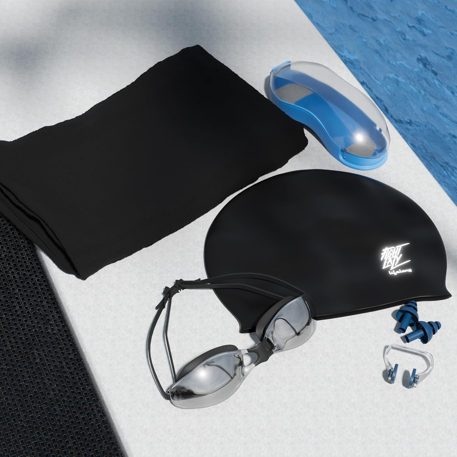 Lifelong Swimming Combo Kit for Men,Swim Cap,Swimming Goggles with Earplug Attached,Nose Clip & Microfibre Towel,Easy Fit Swimming Accessories,Waterproof Swimming Cap,Anti-Fog Swim Glasses,Black