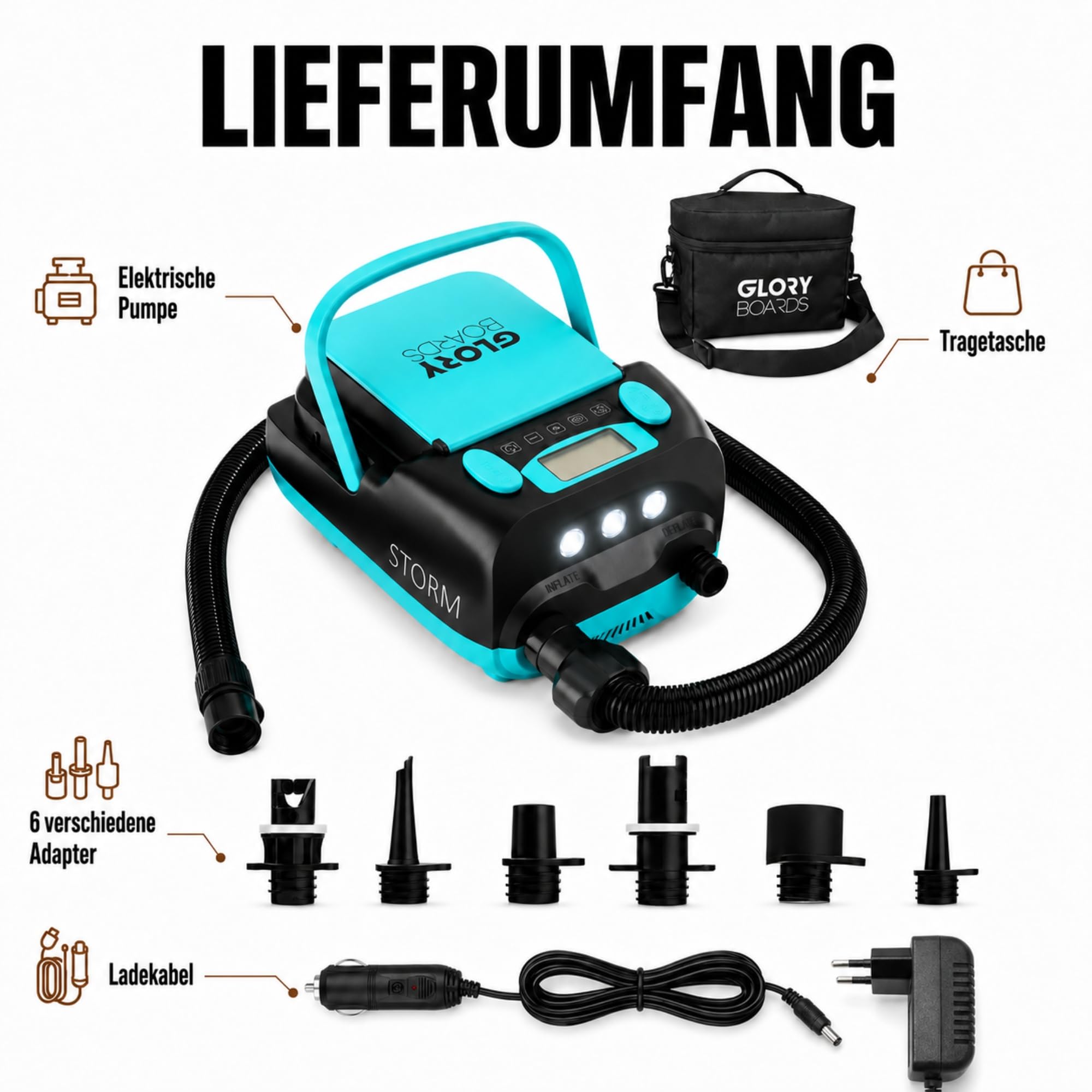 GLORY BOARDS® - SUP Pumpe Akku | elektrische Pumpe SUP | 20 PSI Hochdruck | elektrische Luftpumpe mit 6 Adapter für Stand up Paddle Boards, Boote, Kajak, Luftmatrazen, Zelt | 230V & 12V Ladefunktion
