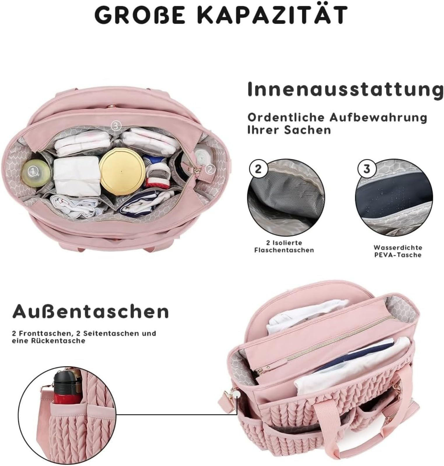Elegante bolsa de pañales para bebé con múltiples compartimentos, bolsa de pañales de viaje impermeable, bolso portátil con correa para el hombro y compartimento para chupetes.
