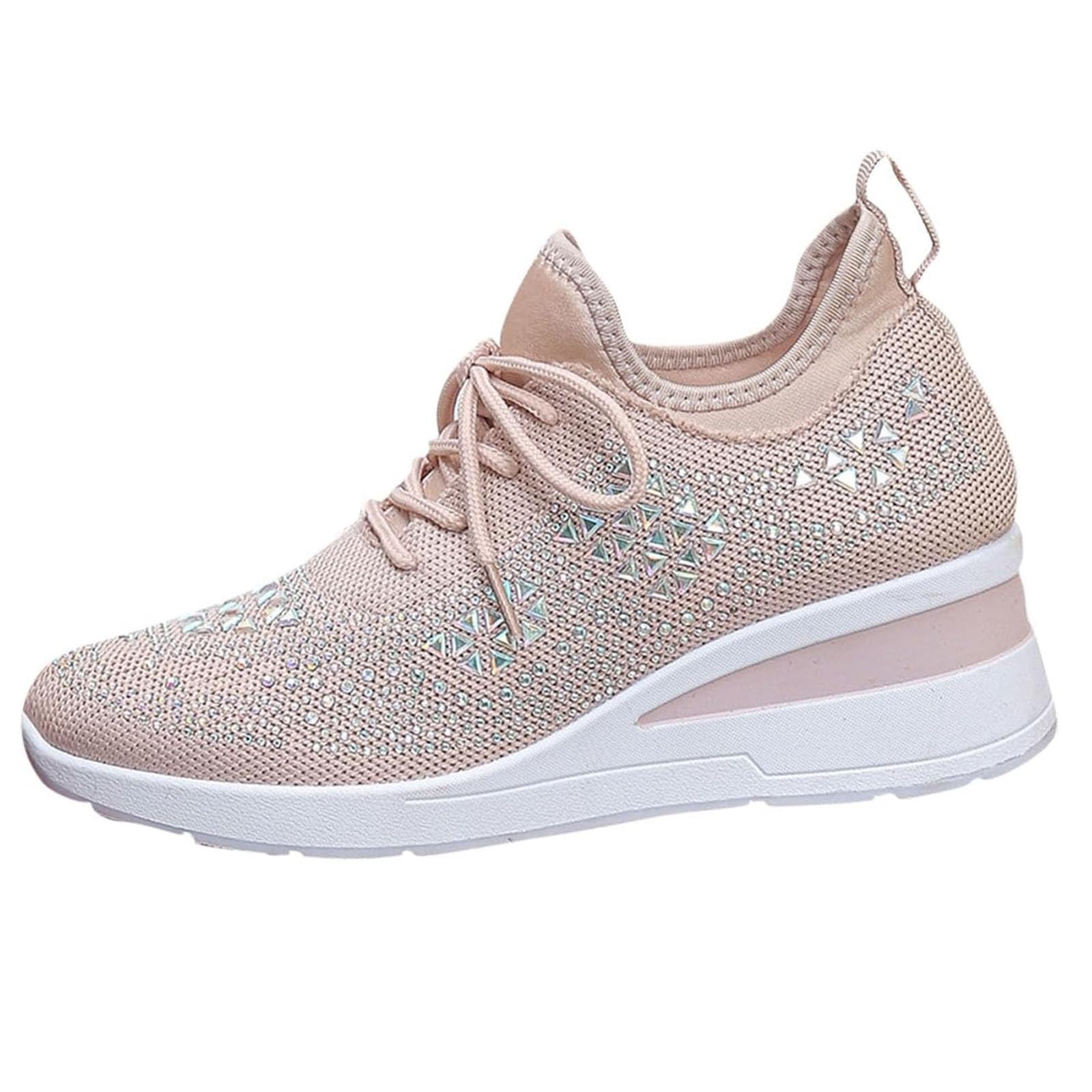 Scarpe da ginnastica da donna con zeppa e strass, traspiranti, alla moda, con lacci e strass, con zeppa e plateau, scarpe da ginnastica da ginnastica, rosa, 35.5 EU