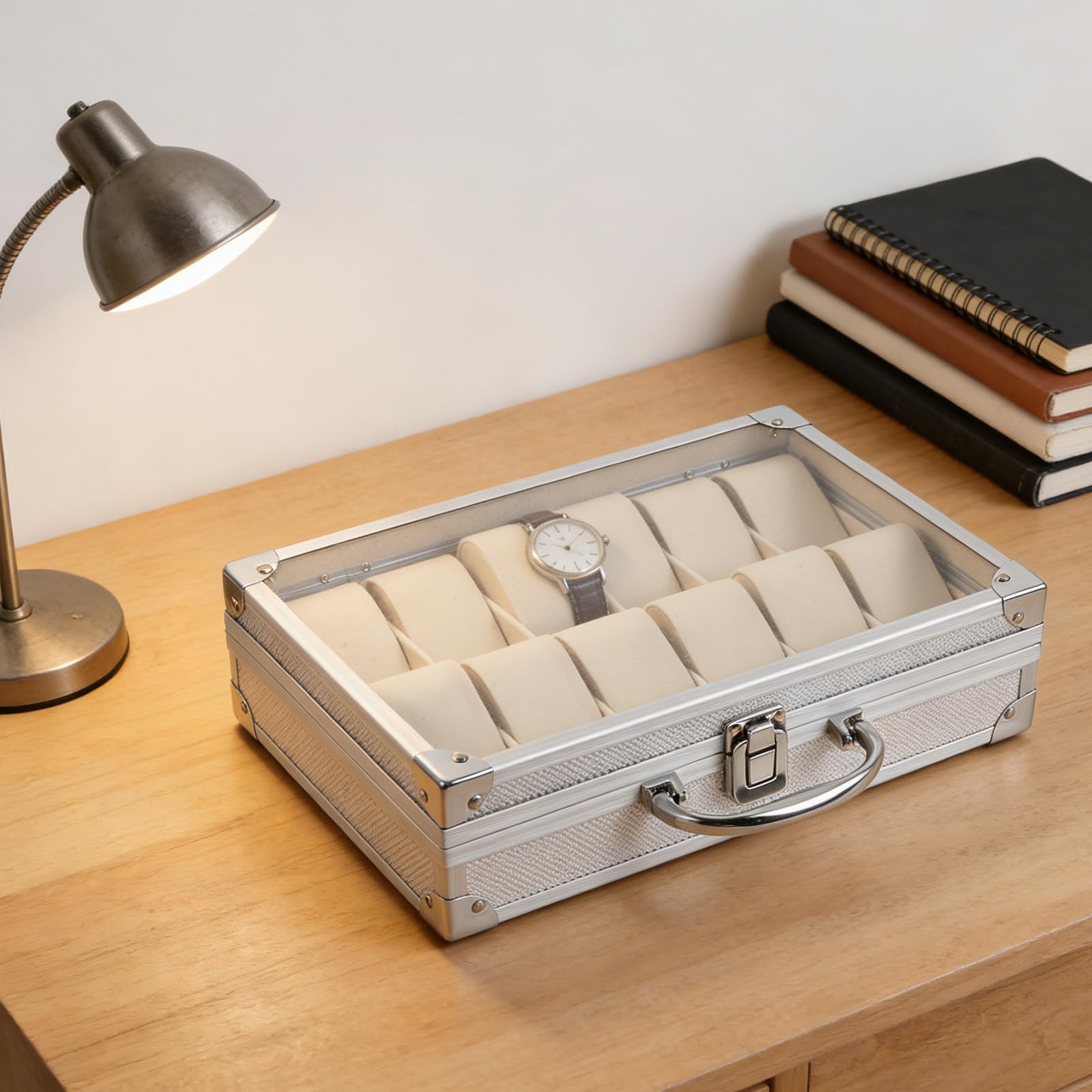 TOYANDONA Aluminiumlegierungs Uhrenbox mit 12 Fächern und Klarsichtdeckel