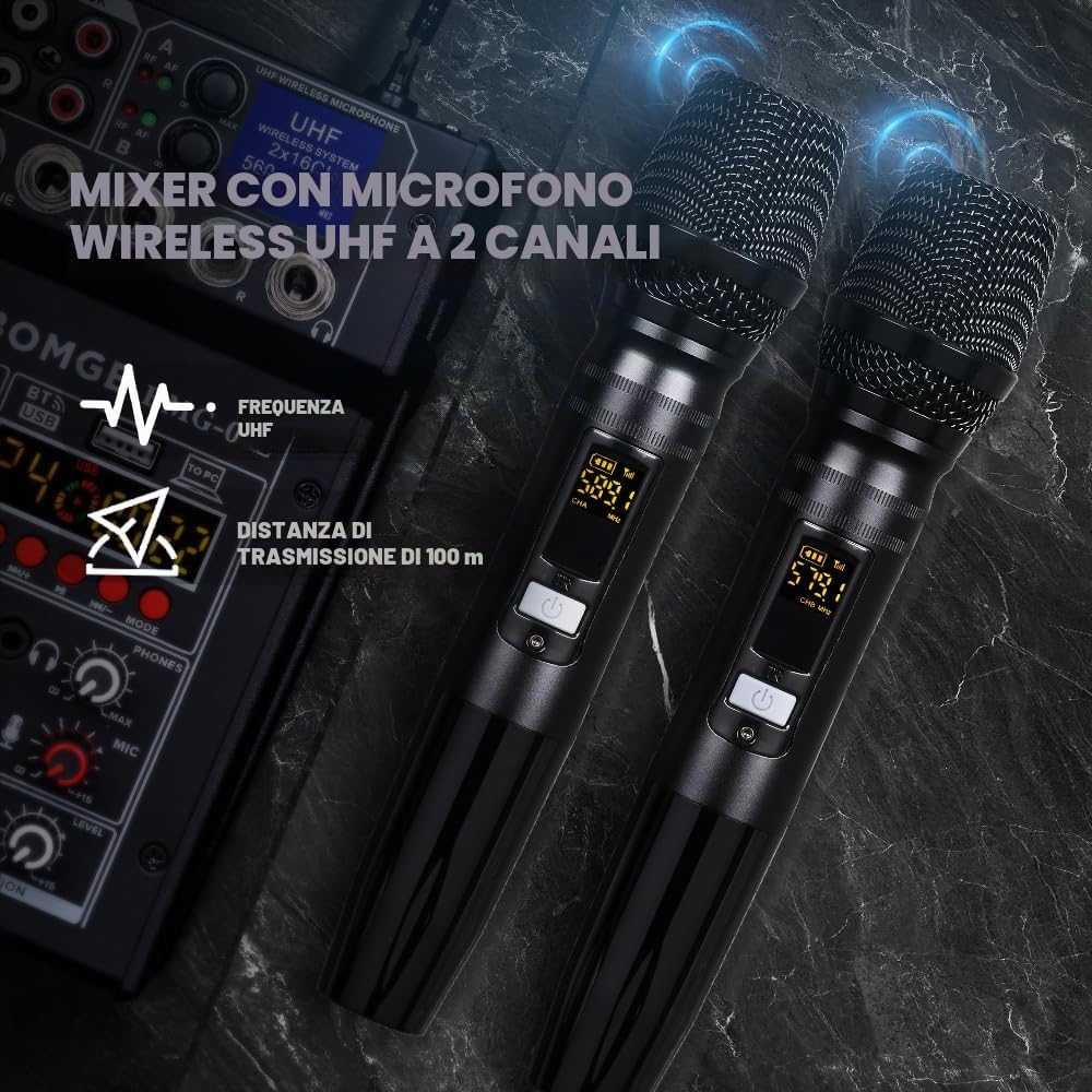 BOMGE Mixer audio karaoke 04E, mixer a 4 canali con doppio microfono wireless UHF, console audio MP3, Bluetooth 48 V, alimentazione phantom, interfaccia audio USB, mixaggio per DJ per feste, computer,