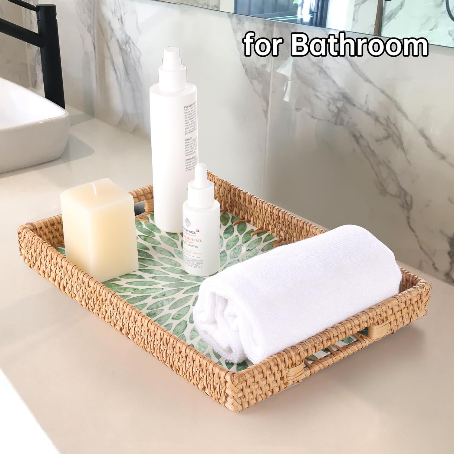 Rectangle Rattan Tray with Mother of Pearl Inlay, Rattan Serving Tray with Handle for Coffee, Bread, Fruits, Snacks, Decorative Wicker Tray for Table Decor (Rectangle Green Leaf, 13"×9") - Image 6