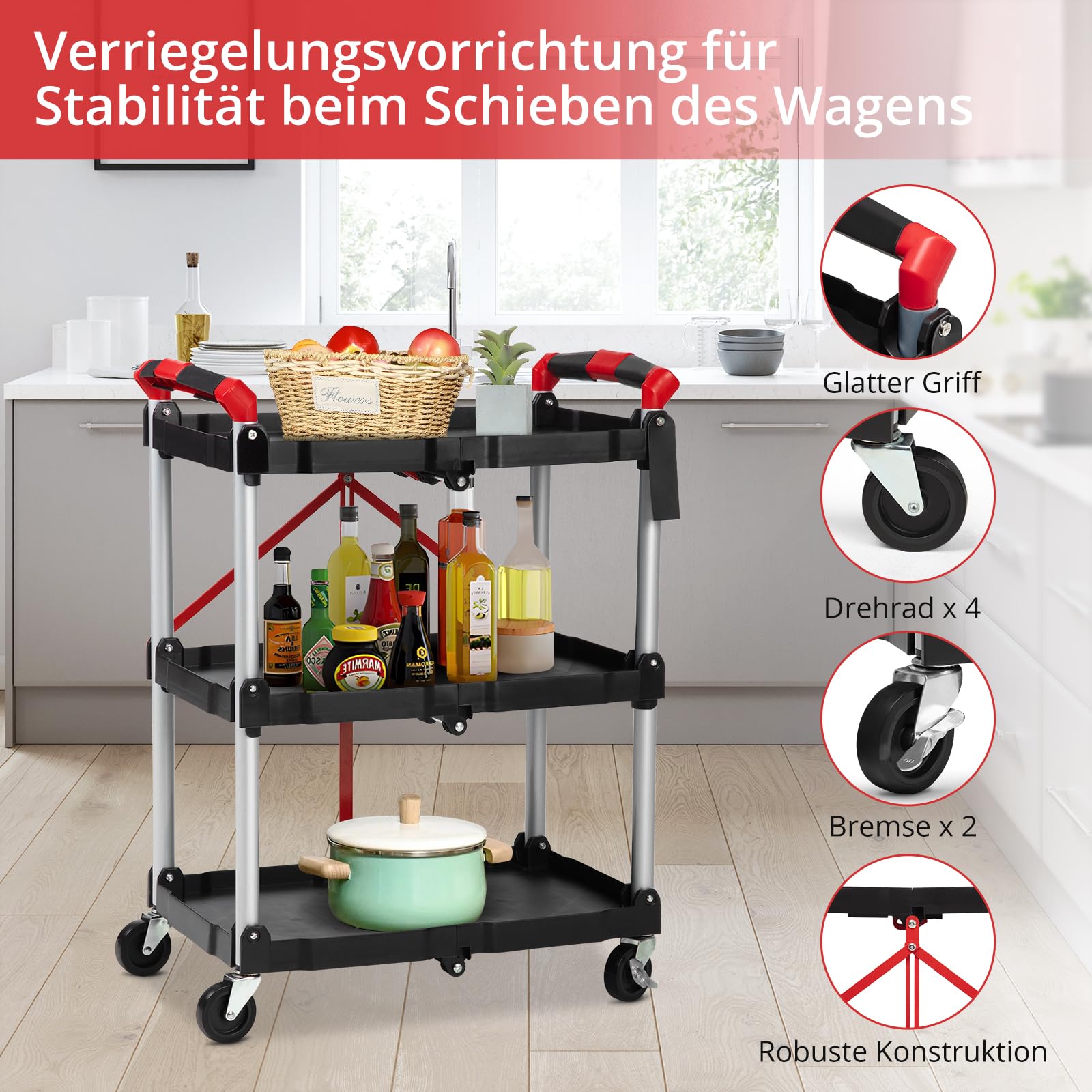 Servierwagen Klappbar, Küchenwagen Mit Rollen, 3 Etagen Klapp-Servierwagen, Wagen Für Küche & Büro, Beistellwagen, Rollwagen, Schwarz Rot