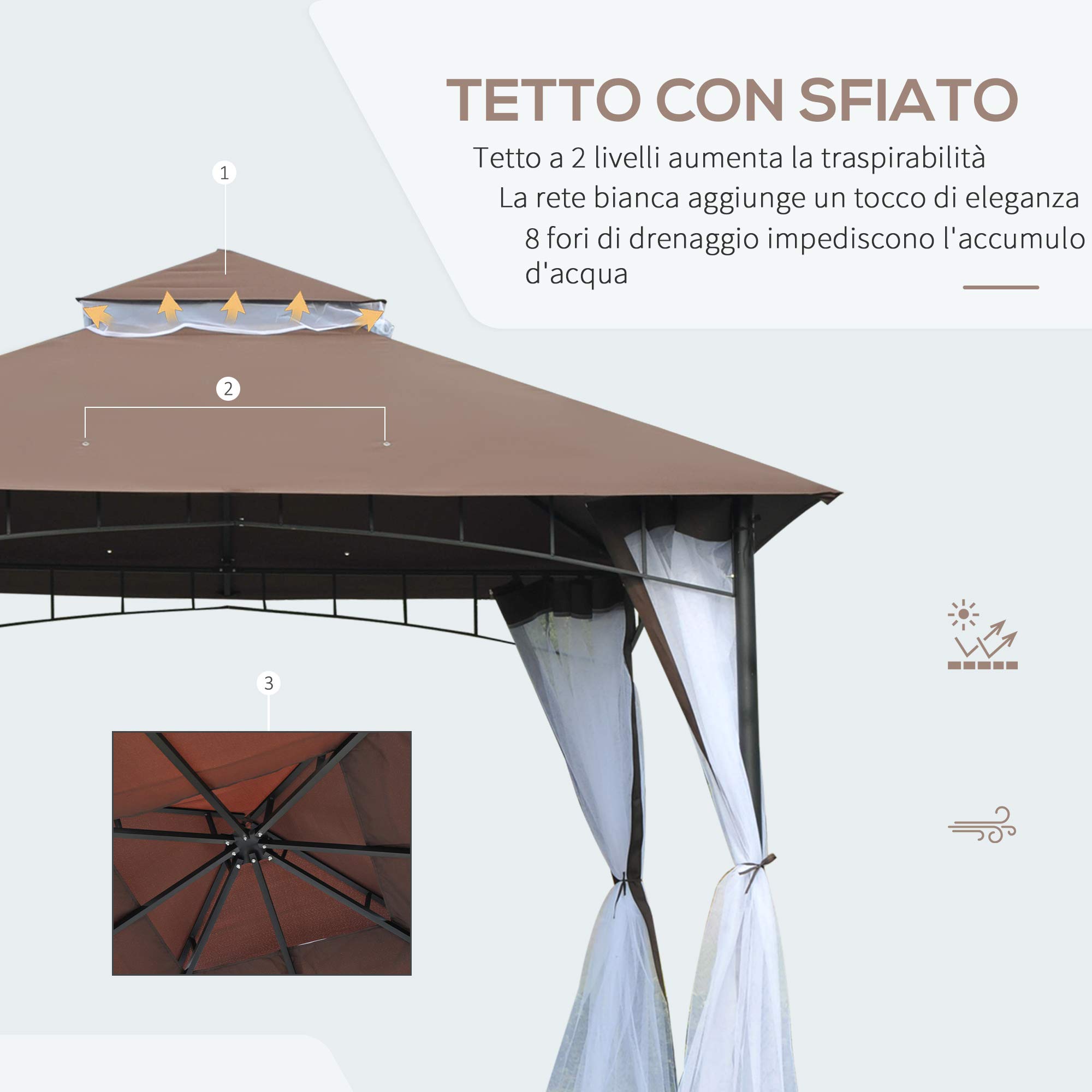 Outsunny Gazebo da Giardino 3x3m con Zanzariera Tetto 2 Livelli Marrone | in Poliestere, Struttura in Metallo