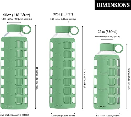 Miniatura 2 de purifyou- Botellas de agua de vidrio prémium reutilizables de 40322212 oz con marcas de tiempo y volumen, funda de silicona y tapa de acero