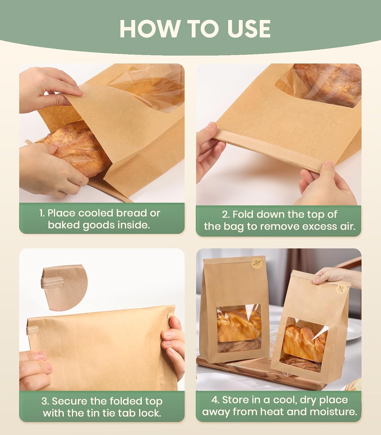 100 Pack Large Thick Brown Kraft Paper Boule Bread Bags for Homemade Sourdough Round Artisan Loaf Gifting, Packaging and Storage to Keep Fresh with Window and Wire Tin Tie Tab Closure, 13.6x8.3x4.1in