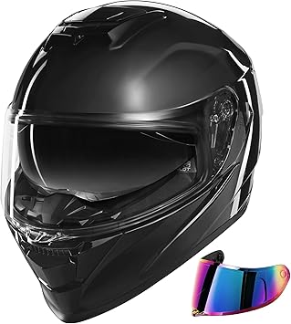 XFMT Full Face Motorcycle Helmets Dual Visor Street Bike ATV Helmet with Internal Sunshield for Adults Men Women, DOT Approved, Gloss Black Large