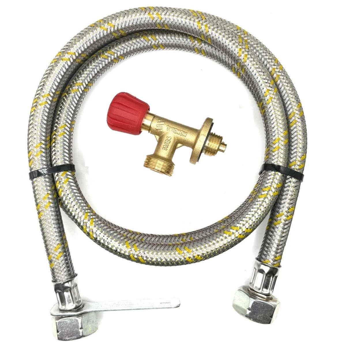 Campingaz 901 904 907 Tuyau de recharge – 21,8 mm LH x 21,8 mm LH Tuyau en acier renforcé 1,5 m avec valve manuelle de 16 mm