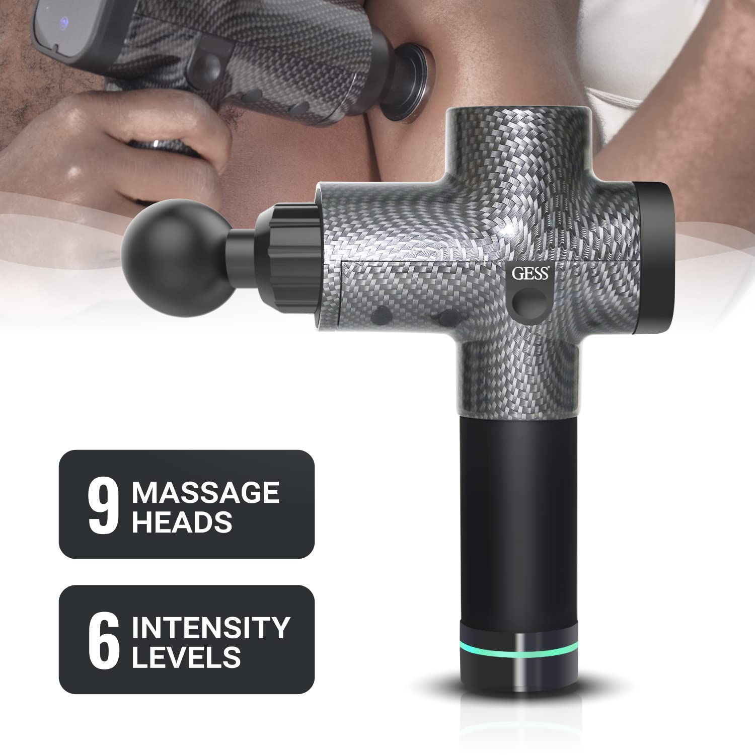 GESS Revolver Massagepistole, Tiefengewebe-Perkussionsmassagegerät zur Schmerzlinderung in Rücken, Nacken, Schultern und Beinen, mit 9 Aufsätzen, tragbar, ideal für Sportler und zur Muskelregeneration