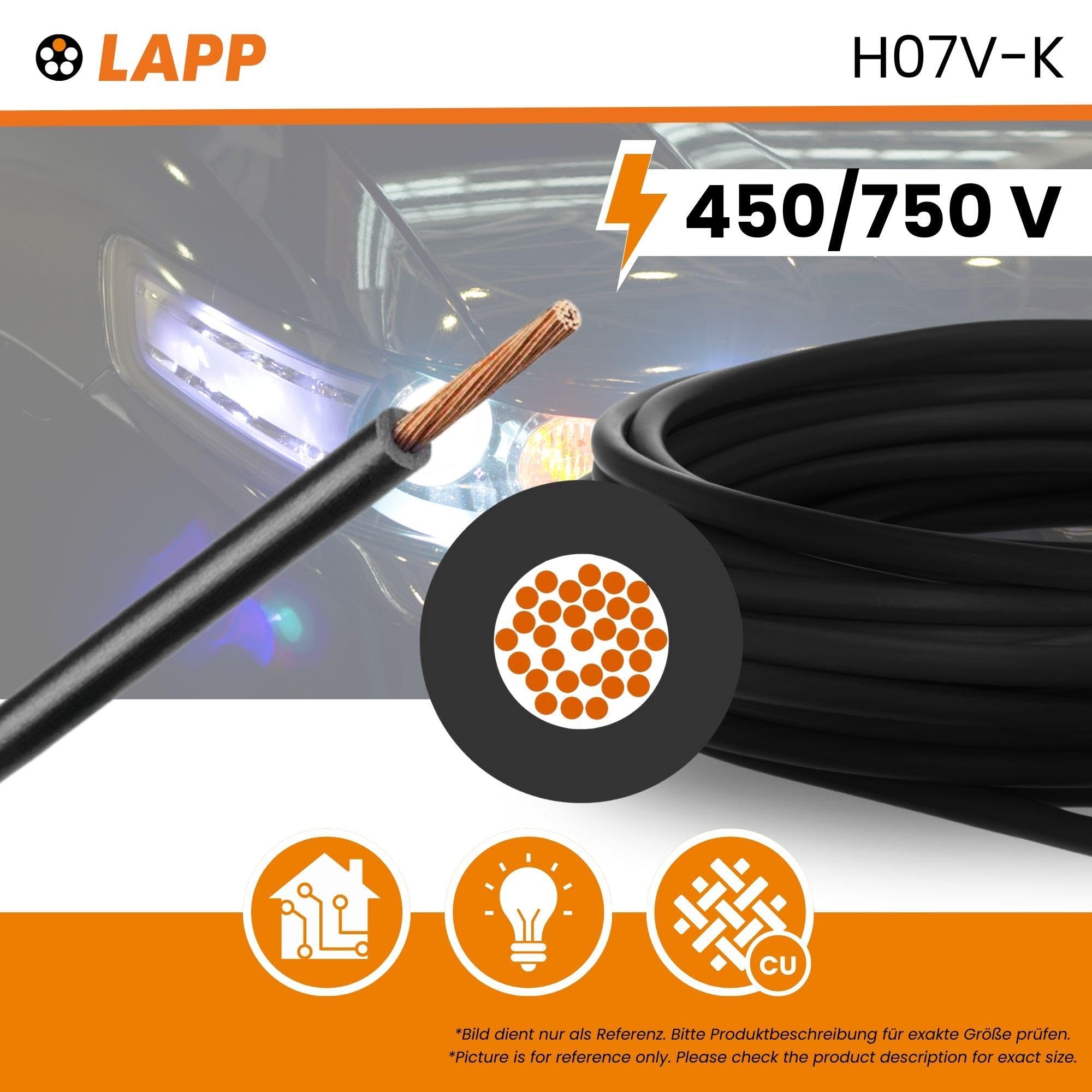 Lapp H07V-K 16 mm² Nero Cavo di Cablaggio Flessibile in PVC Monopolare | Filo in rame a trefoli sottili classe 5, cavo unipolare armonizzato per quadri elettrici e cablaggio interno di macchinari