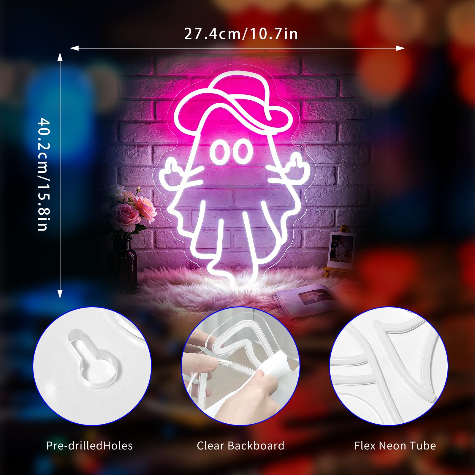 Neonowy znak kowbojski duch, neonowe znaki do dekoracji ścian, neonowe białe różowe znaki LED, do pokoju, dekoracja domu, do sypialni, klubu, na imprezę, bar, sklep, zasilanie przez USB