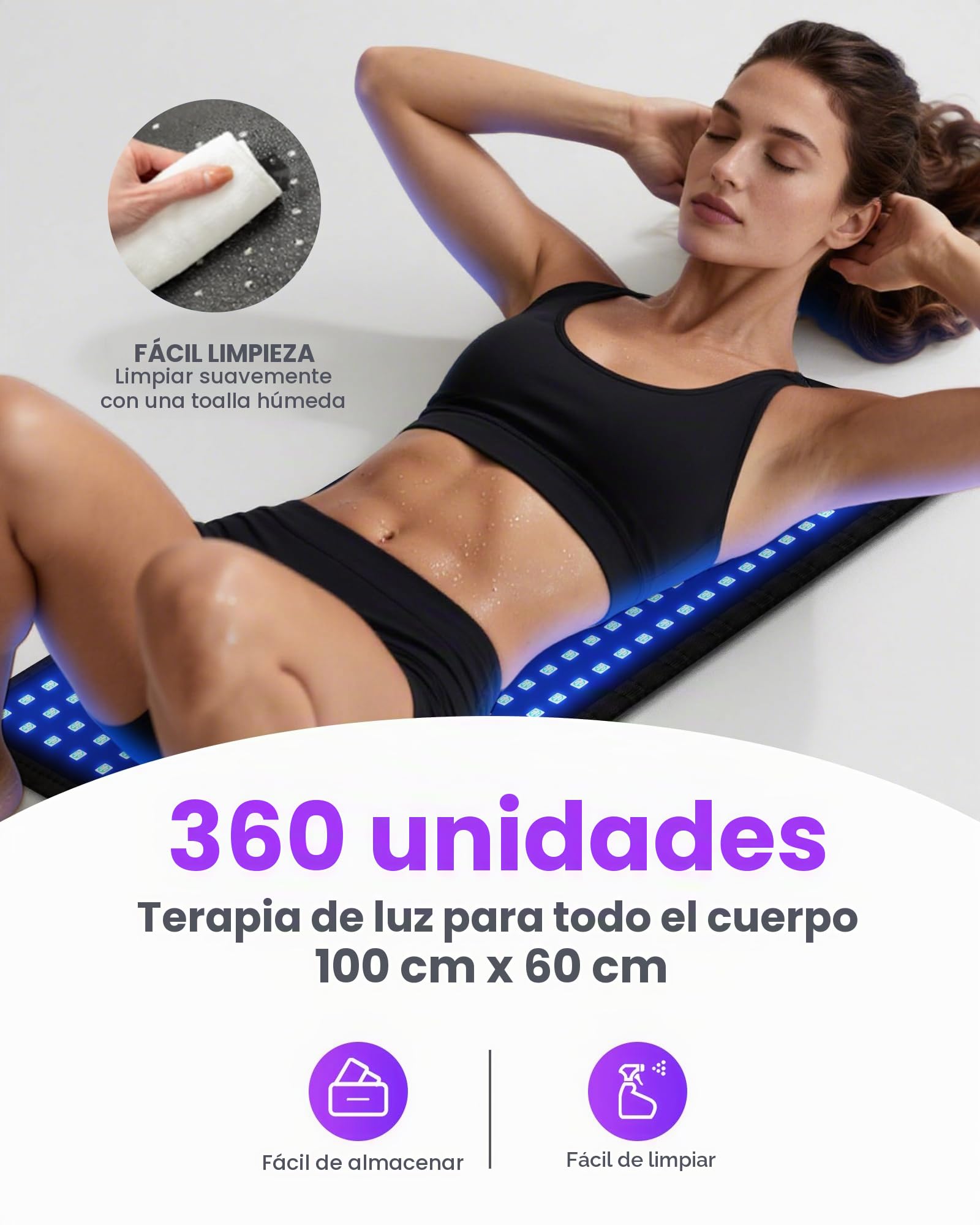 Lámparas bronceadoras 460 nm 490 nm 100x60 cm, bronceador facial 5 intensidades, 3 modos constante/10 Hz/40 Hz pulso, tumbado/colgado