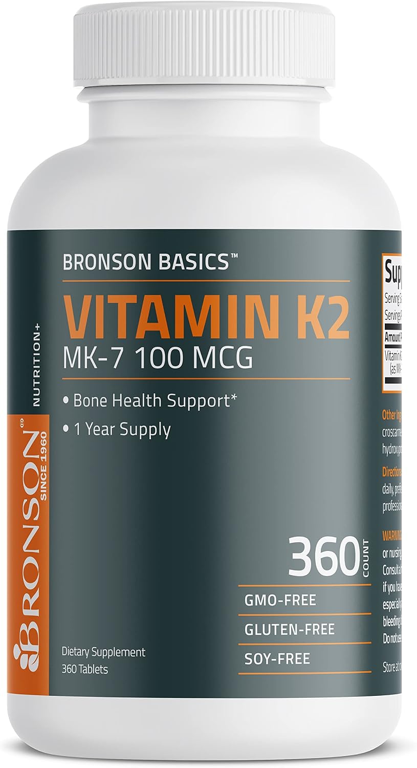 Bronson Vitamin K2 MK-7 100 MCG, K2 as MK7 Menaquinone, Bone Support 1 Year Supply, 360 Tablets