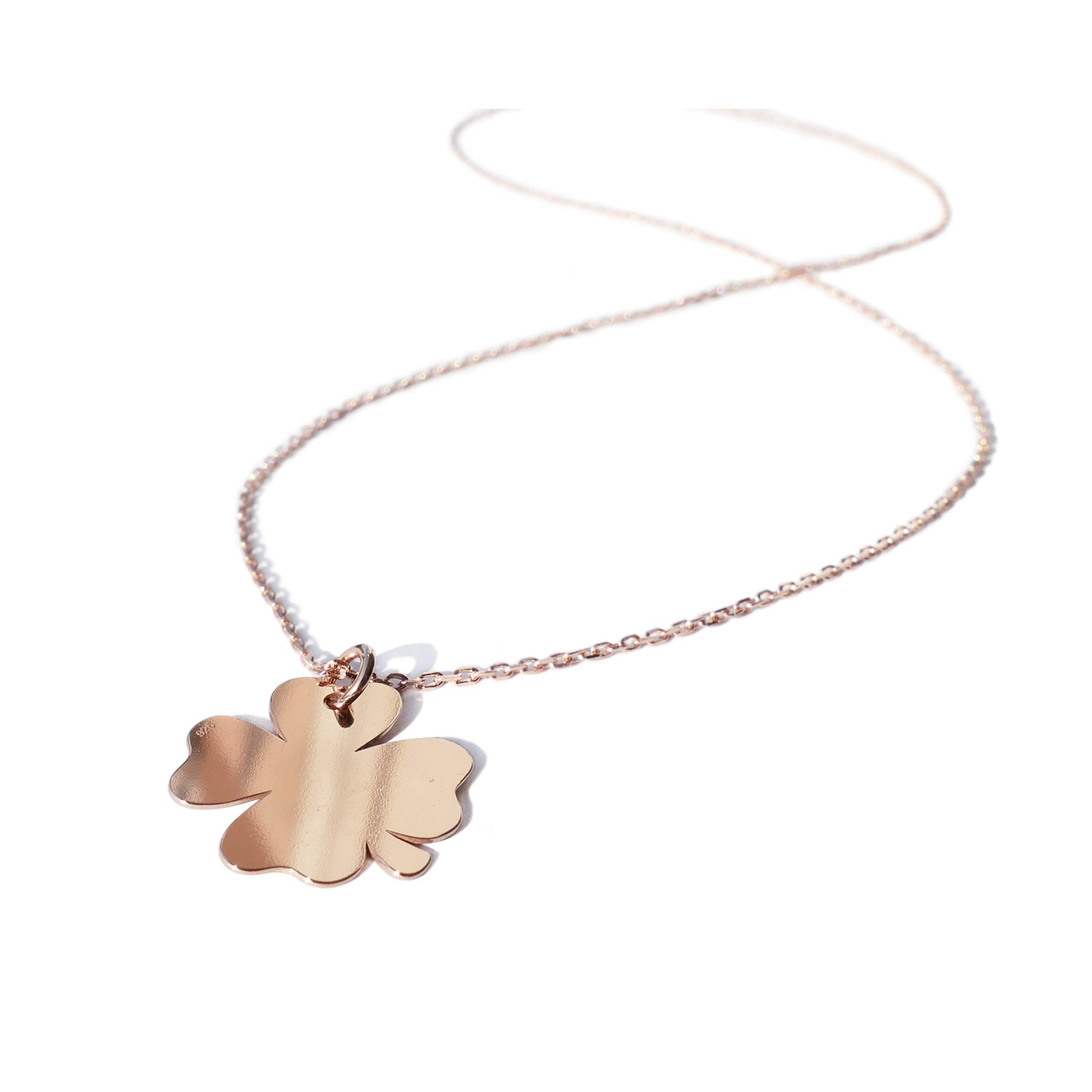 Ah! JewelleryLadies Four Leaf Lucky Clover Petiole Pendant Necklace. Celebrity Style. Rose Gold over Sterling Silver. Stamped 925. 45cm Chain Included.