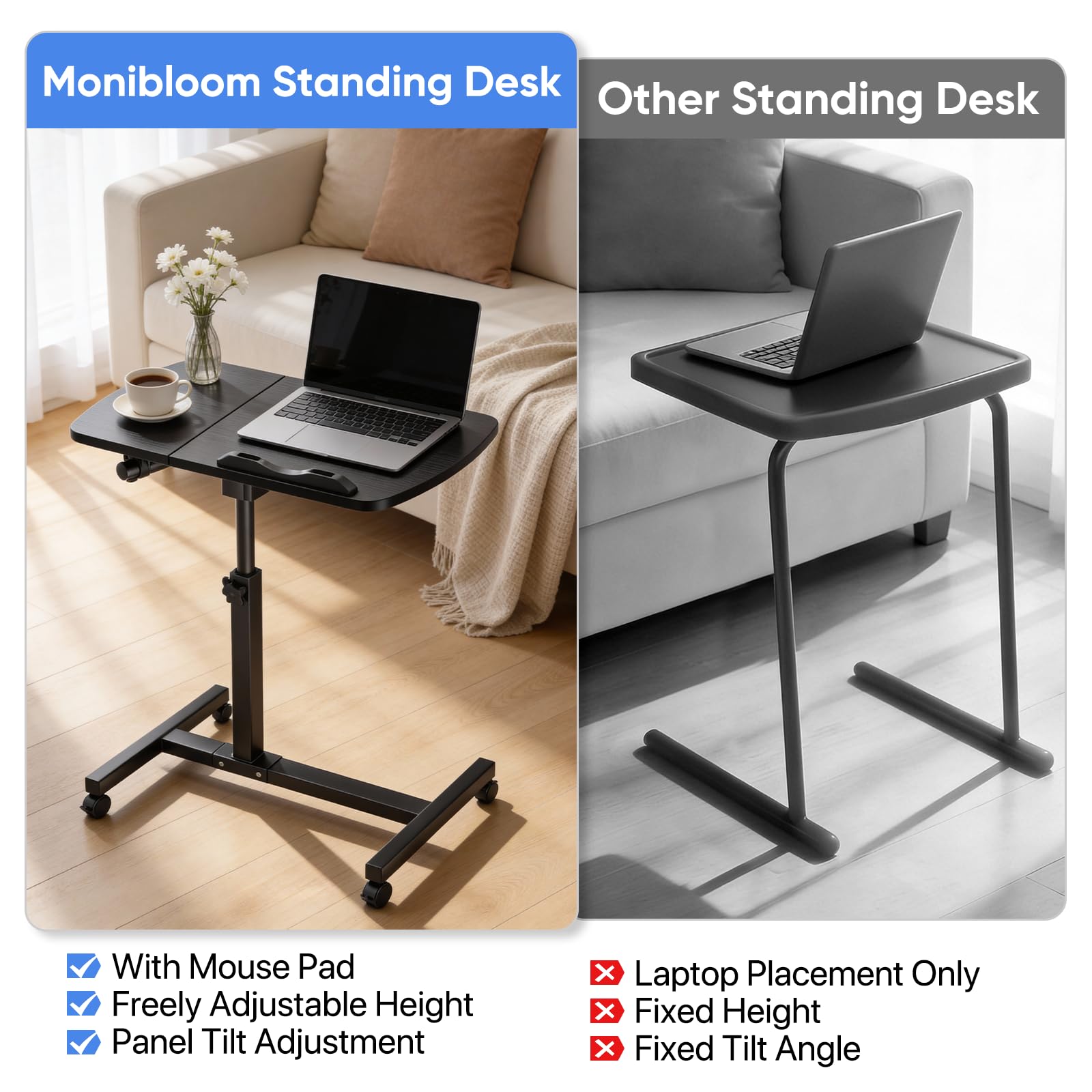 MoNiBloom Mobile Standing Desk Tilting Portable Height Adjustable Sit Stand Work Table Overbed Laptop Table Computer Cart with — view 7