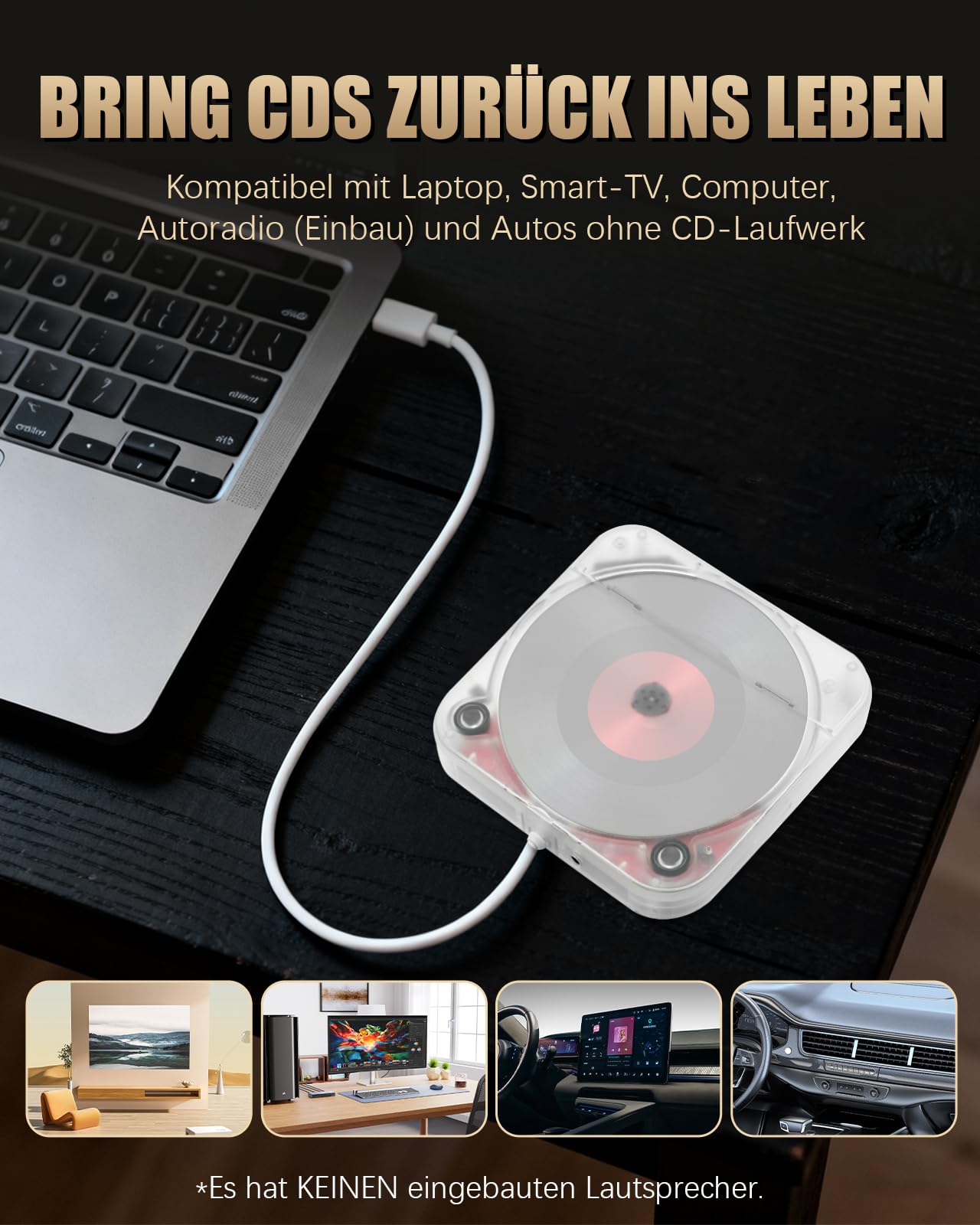 Auto CD Player mit USB-Anschluss, Universal Extern CD Player für Auto PKW LKW, Extra 1M USB-Verlängerungskabel, Externes CD Laufwerk für Laptop, PC, Fernseher, kompatibel mit Android Autoradio