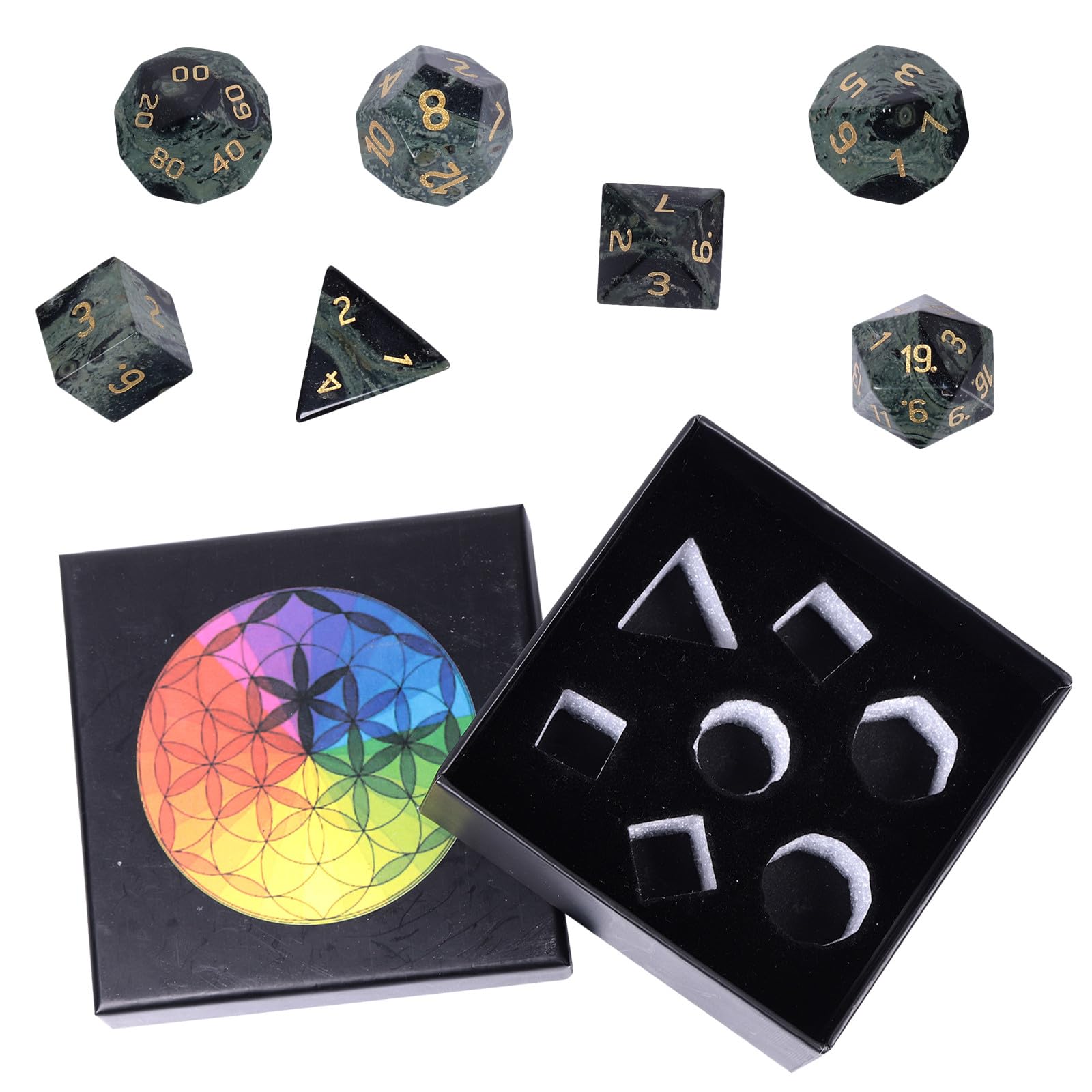 Nupuyai 7pcs Kambaba Jasper Crystal Polyhedral DND Dice Set for RPG MTG Table Games Polished Tumbled Stones Dices with Box for Home Decor - Image 3