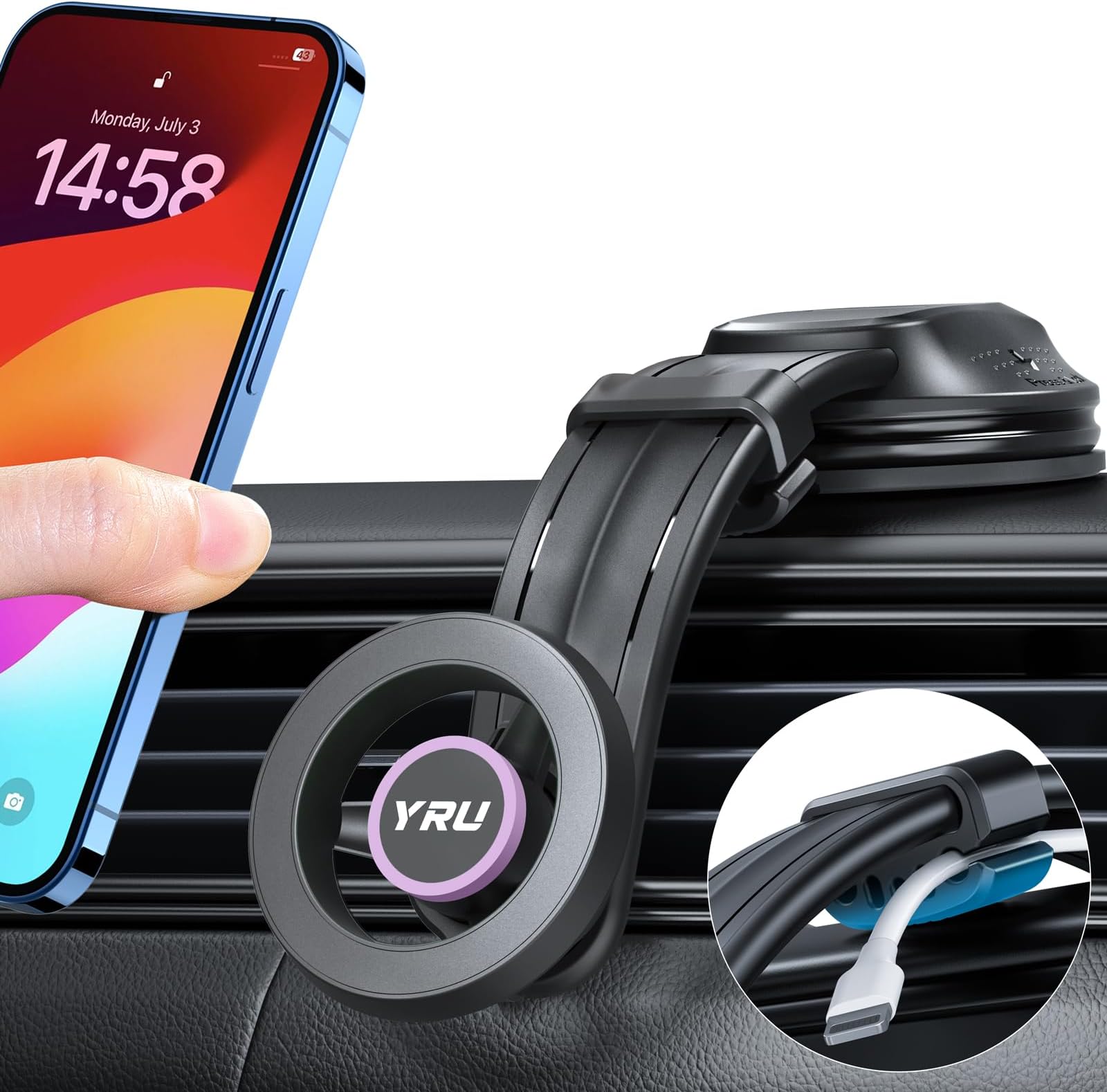 YRUYRU 【2024 Strong Magnet】 Magnetic Phone Holder for Car 【Military-Grade】 for MagSafe Car Mount Rorate Suction for Dashboard Windshield, Cellphone Cradle for iPhone 15 14 13 12 Samsung, Light Purple