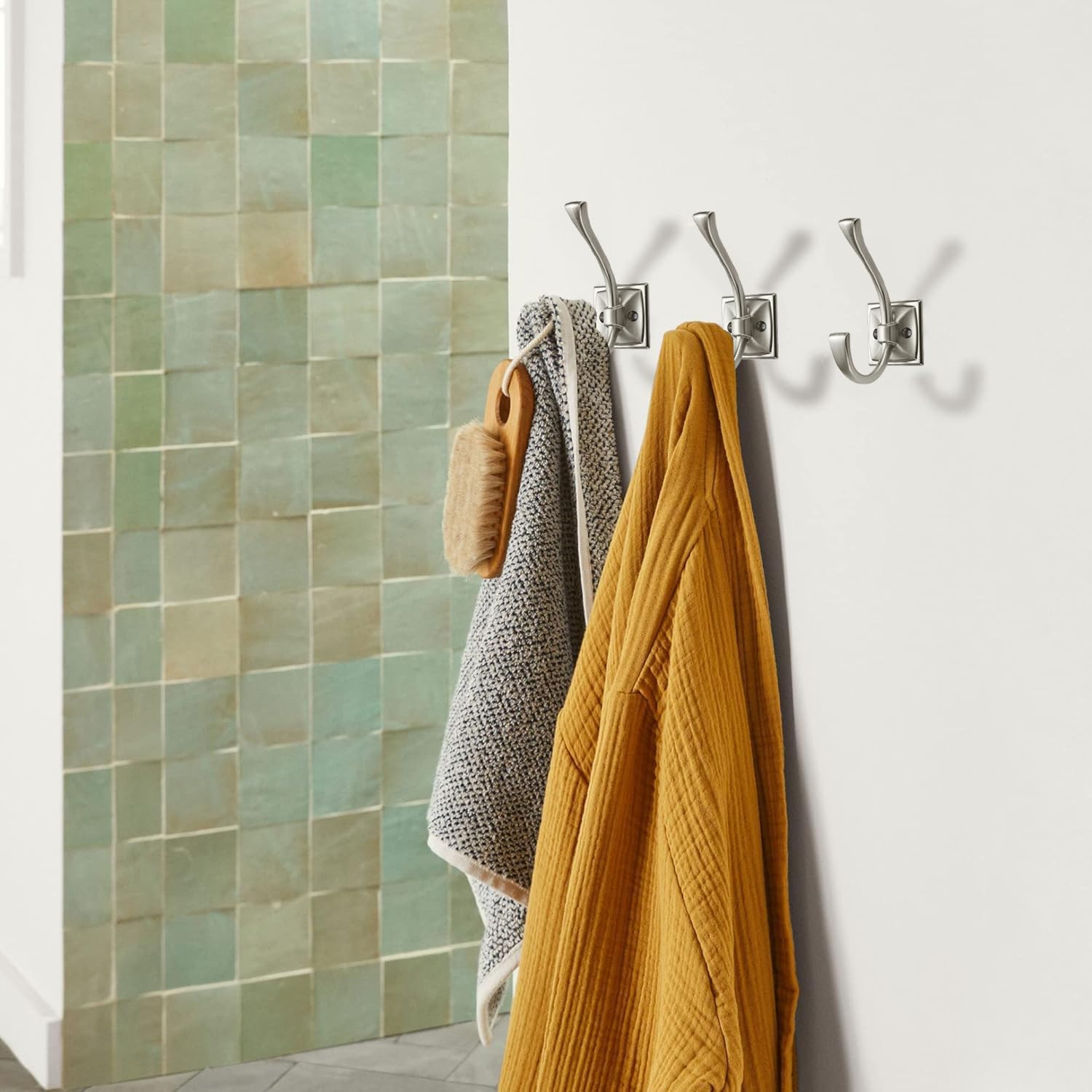 Large Wall Hook Pack, Brushed Satin Nickel, 4.35 Inch Double Robe and Coat Hooks, Towel and Bag Hangers, Wall Mounted with Screws image 5