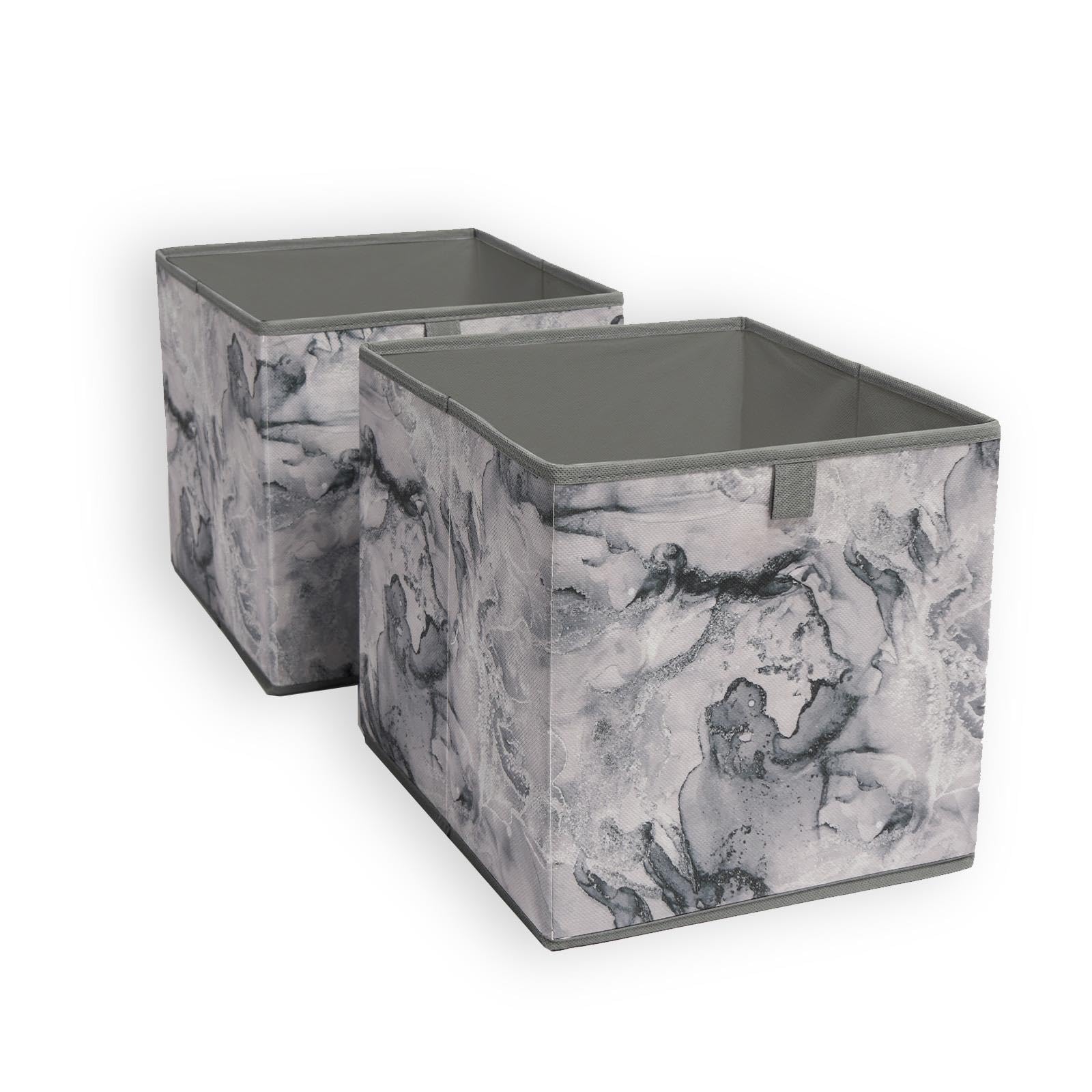OHS Set of 2 Fabric Storage Baskets, Grey Marble Print Storage Boxes Home Organiser Toys Clothing Bathroom Pop Up Collapsible Foldable Space Saving Cube Storage