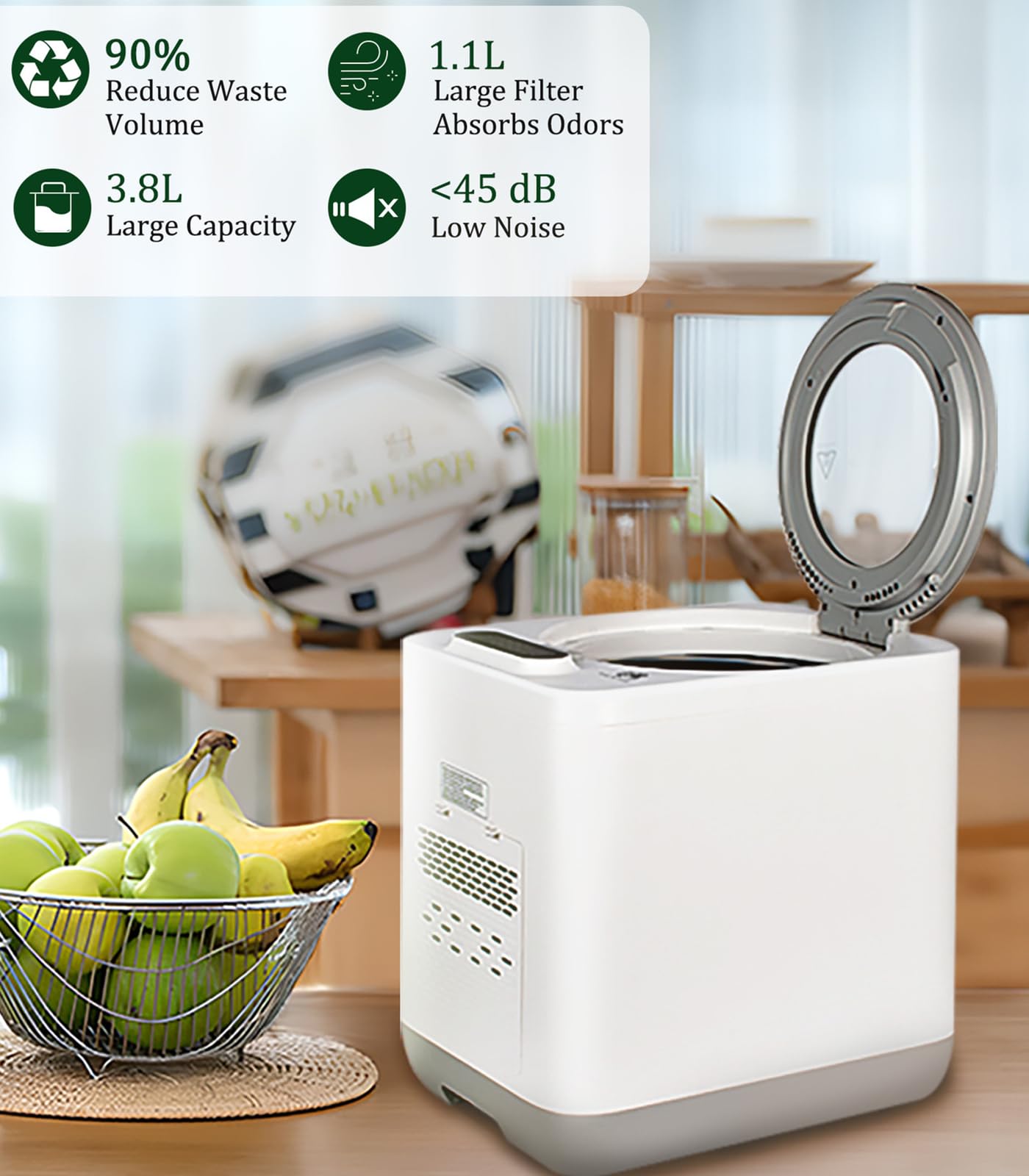 Kompostownik elektryczny, inteligentne wiadro kompostowe do użytku wewnątrz i na zewnątrz, duża pojemność 3,8 l, bezwonny konwerter odpadów spożywczych do łatwego kompostowania