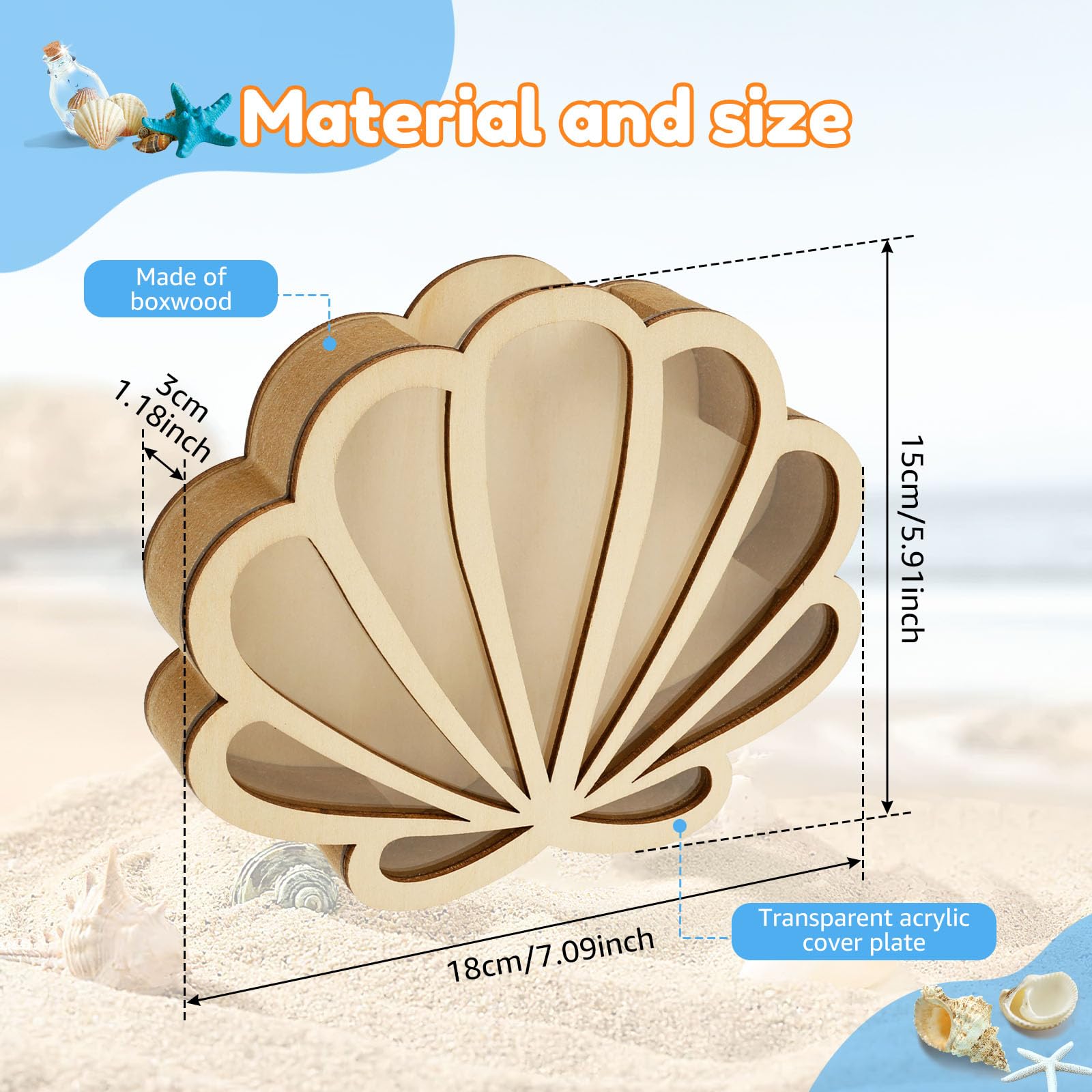Pojemnik na muszelki, drewniana szafka z wyświetlaczem z panelem akrylowym Seashell Display Box Holder, przenośny uchwyt na wystawę dla dzieci, na plażę, do łazienki, salonu, ochrona domu