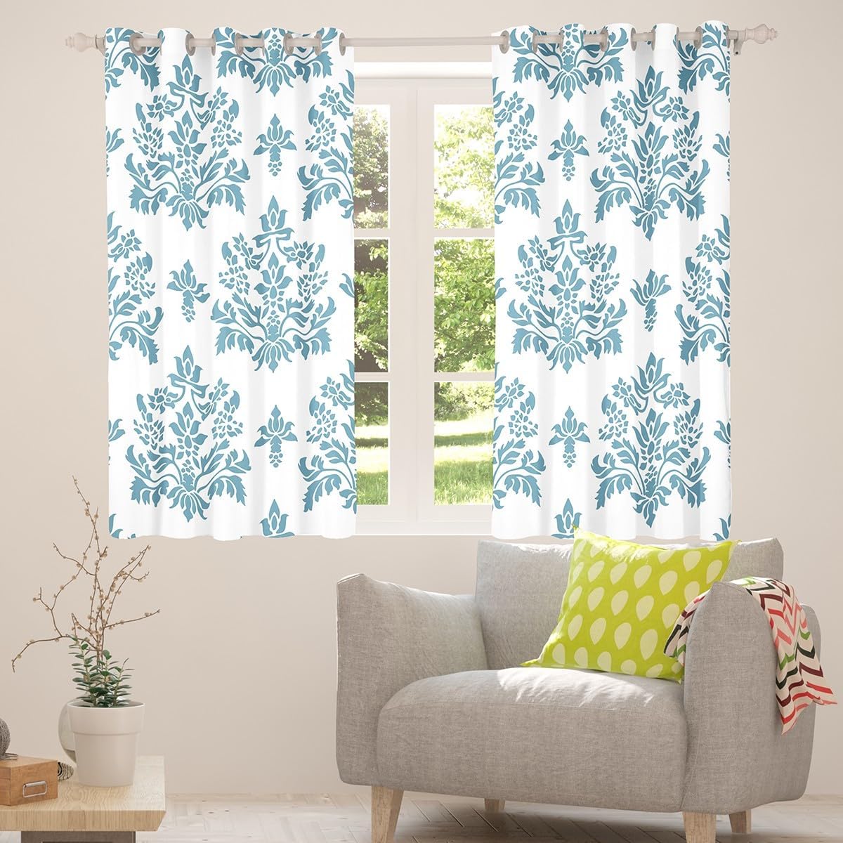 Erosebridal Vintage Damask Curtains 42"x84",Antique Baroque Victorian Goth Window Curtains Drapes for Women Men Adults,Boho Bohemian Blue Damask Window Treatments,Gothic Floral Decor