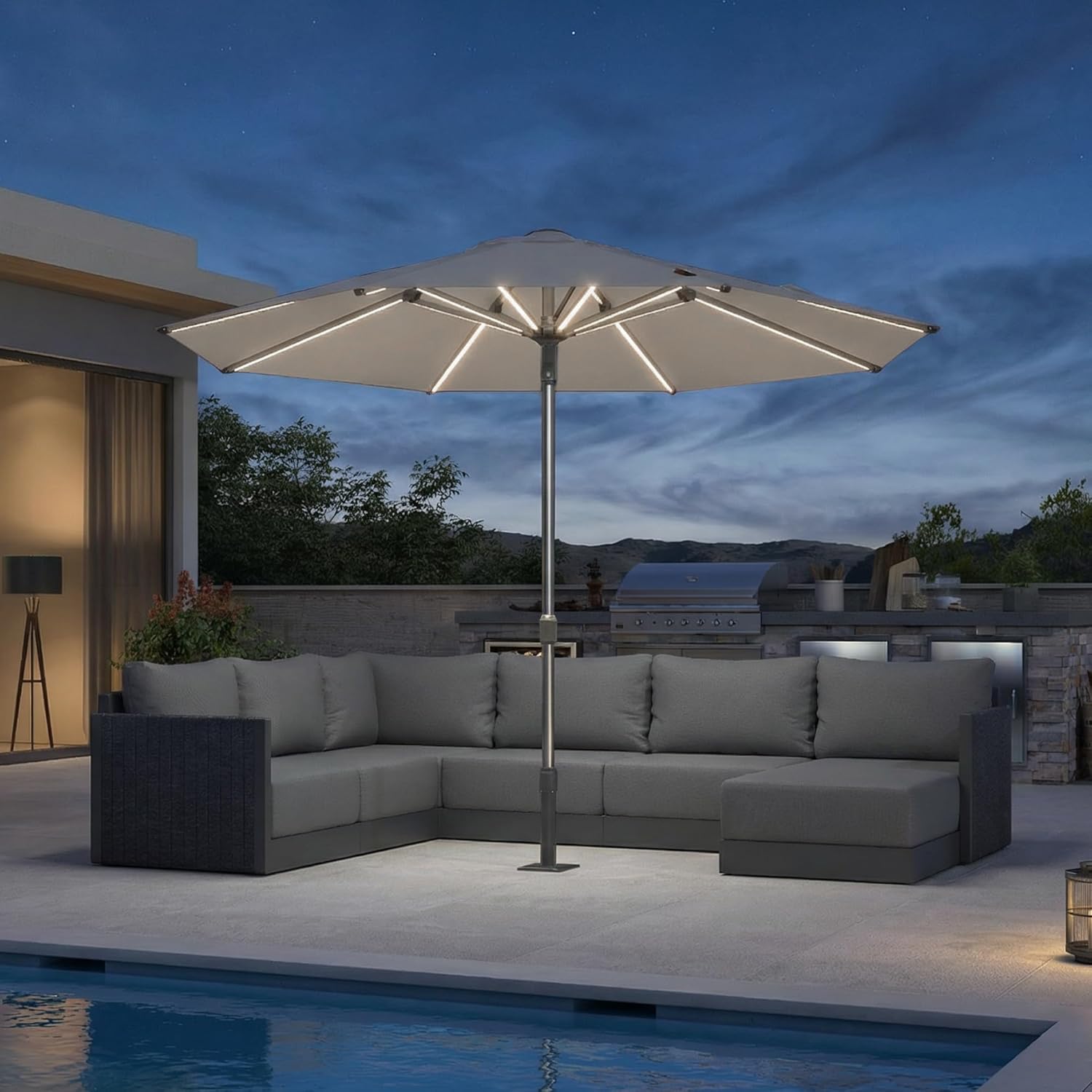 PURPLE LEAF 10 FT LED Round Patio Umbrella with Solar Lights Heavy Duty Windproof Semi Auto for Outdoor Dining Rooftop Bar Wedding Venue Resort Event Hotel Restaurant Night Business Commercial Use White