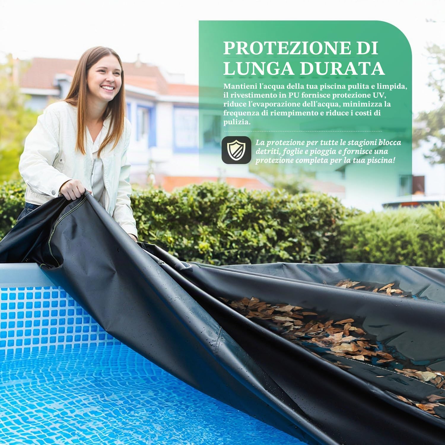 UIRWAY Copertura piscina, 305cm, rotonda, invernale, fuori terra | Strisce riflettenti, corda d'attacco, chiodi luminosi, installazione stabile e facile