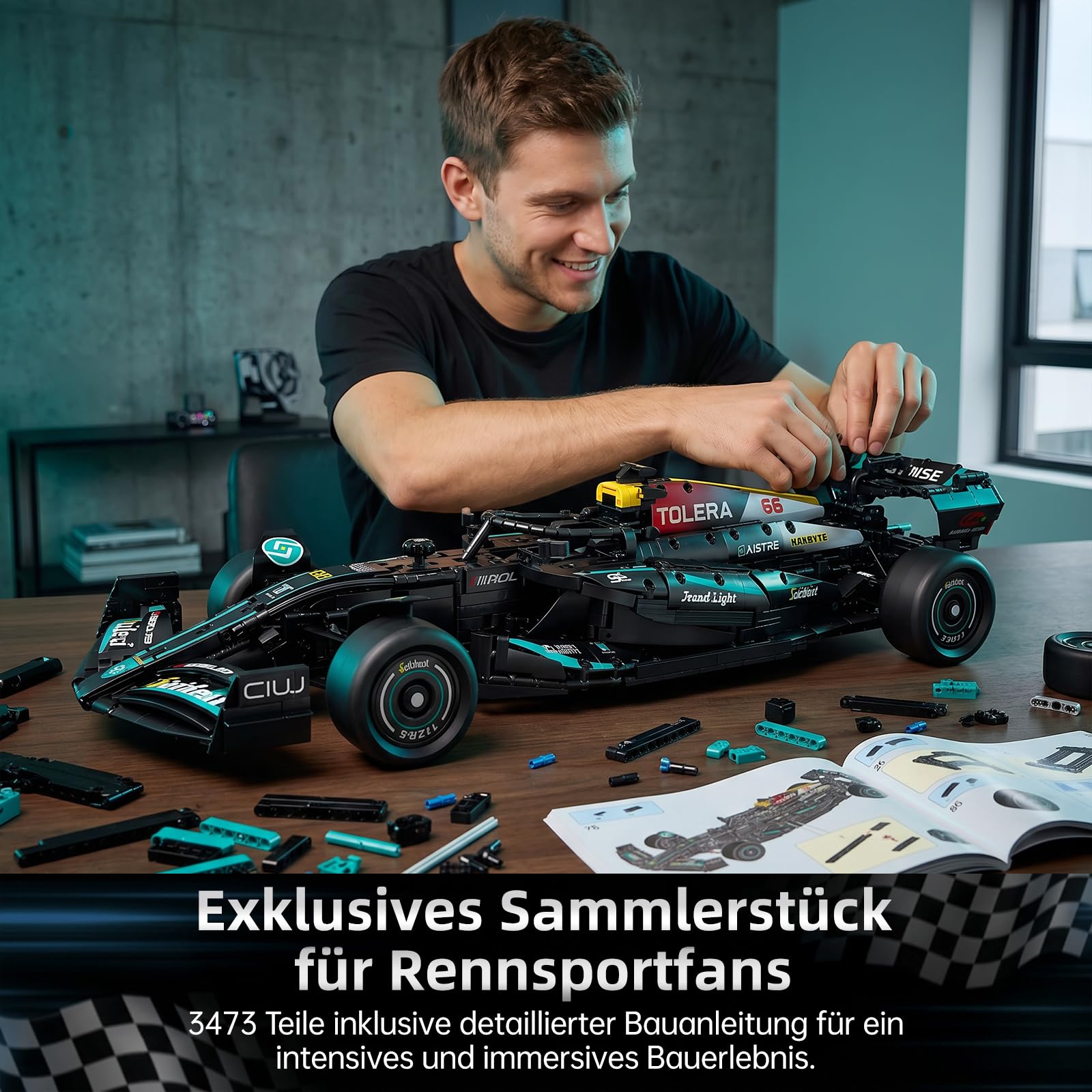Reobrix 11040 F1 Rennwagen Klemmbausteine Set im Maßstab 1:8Formula Racing Bausteinset (3473 Teile)