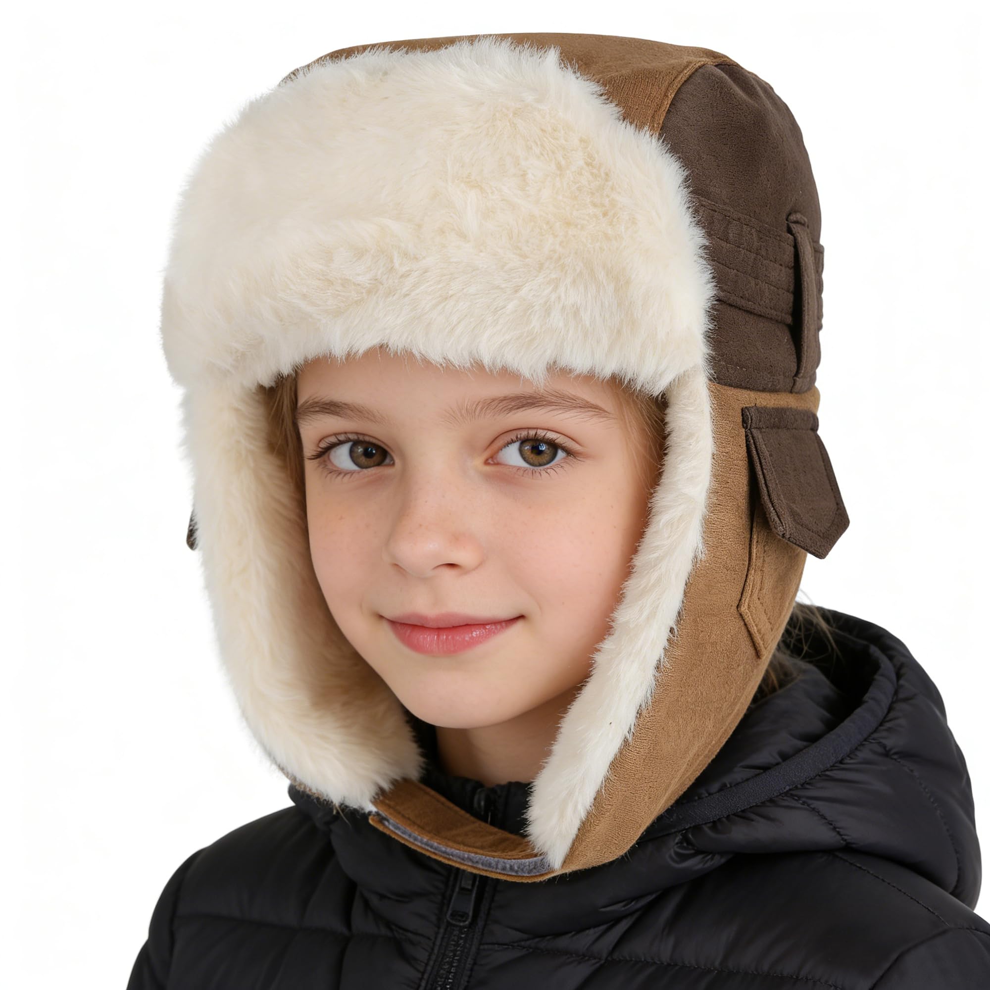 JIAHG Chapka d'hiver Enfant 3-8 Ans Chapeau d'aviateur Suédé Imperméable Doublé de Polaire Bonnet de Trappeur avec Oreillettes Doux Épais Chaud pour Sports en Plein Air