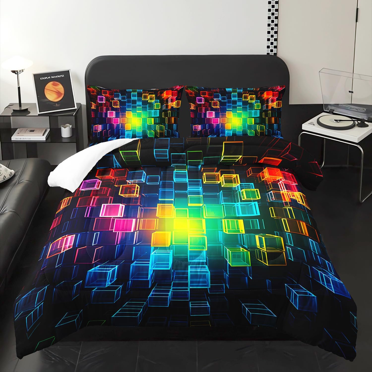 3D Colorful Cube Comforter 3Pcs Full Abstract Geometric Polygonal Plaid Bedding Set for Kid Teen Girl Boy Teen Adult Neon Light Simple Blocks Quilt Bed Decor with 1 Comforter & 2 Pillowcases