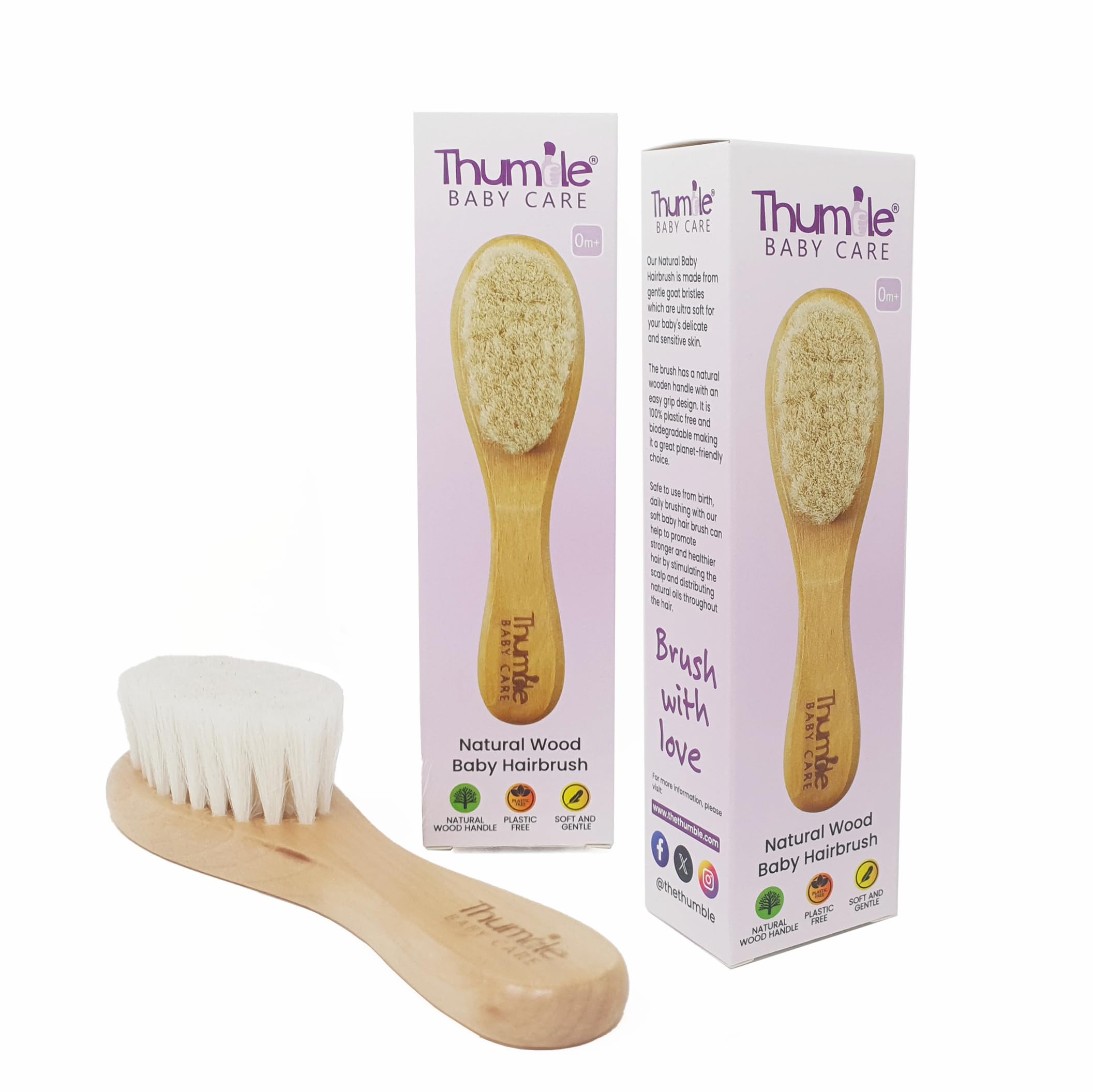 Thumble Baby Hair Brush (2 Pack) - Super Soft Goat Bristle Hairbrush for Newborns, Babies and Toddlers - Wooden Baby Brush - Newborn Hairbrush - Cradle Cap Brush - Natural and Plastic Free. (2pcs)